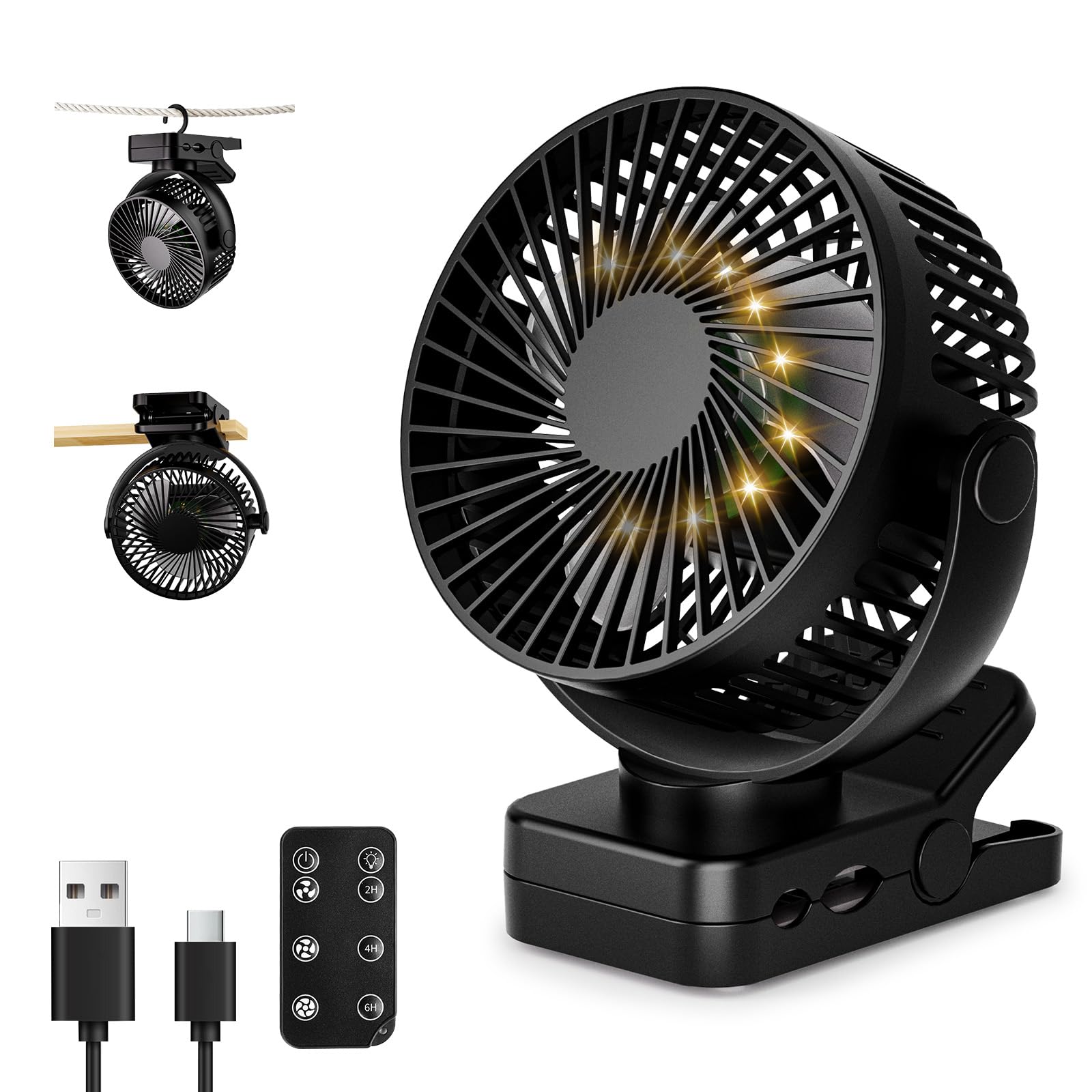 Ventilador Portátil Recargable 12000mAh con Pinza, Mando, 44H, Silencioso, 3 Velocidades, Luz LED, 360°, Temporizador, para Escritorio, Camping, Carro de Bebé y Furgoneta Camper