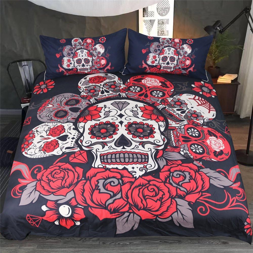 Sugar Skull Bedding Set King 220x240cm 3D Skull Funky Gothic Skeletons Rose Pattern Black Grey Red Duvet Quilt Cover with Pillowcases Soft Polyester Microfiber Bedding Set with Zipper Closure Non-Iron