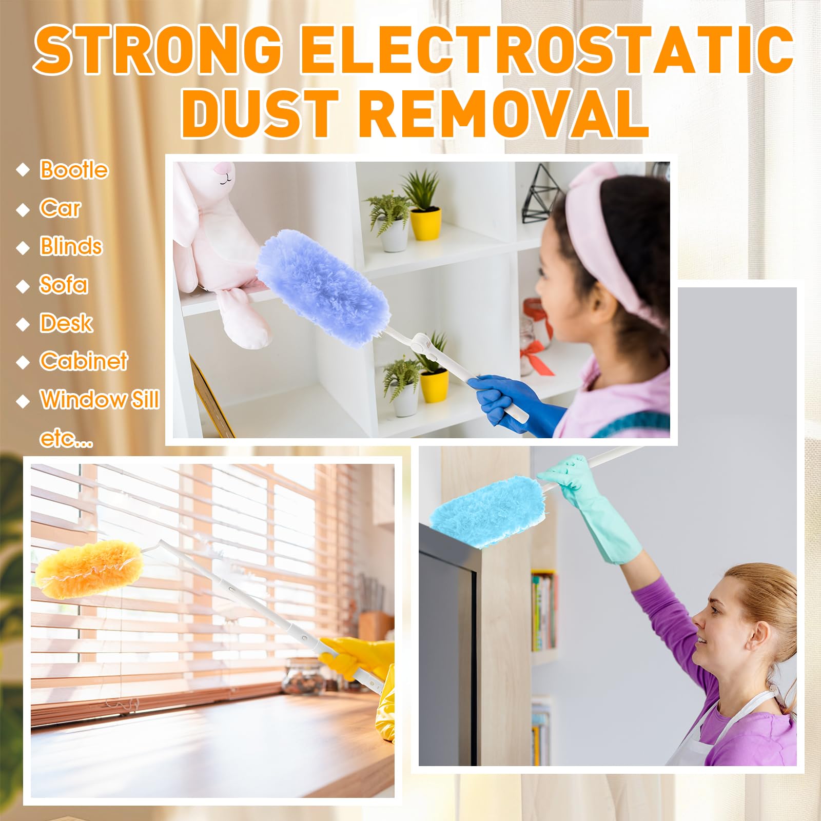 Reallnaive 60 piezas de recambios de plumero resistentes con un mango extensible de 3 pies, kit de polvo de alta resistencia, recambios de plumero multisuperficie, plumeros desechables de 360°, kit de