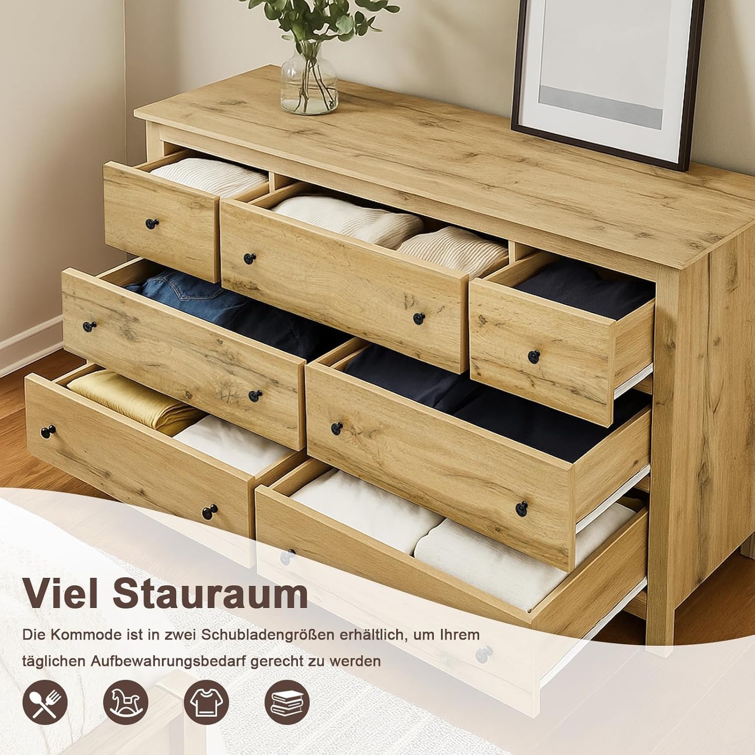 Comodas de Madera, comodas y cajoneras Dormitorio, cajonera 7 cajones, aparador Madera, Mucho Espacio de Almacenamiento, 152 x 40 x 89 cm