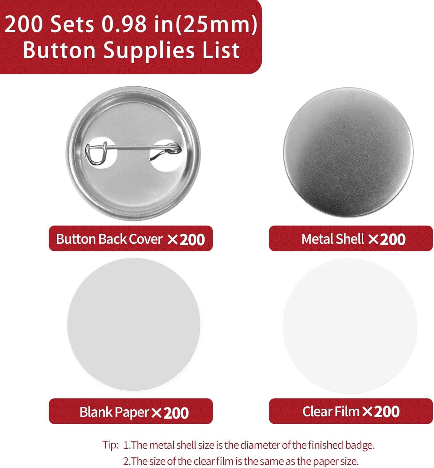 200 Sets Button Maker Supplies, 25mm / 0.98 inch Button Supplies Buttons Parts, (Approx. 1 inch) Metal Blank Badge Parts with Blank Paper for Buttons Maker Machine Pin Maker Press - Image 2