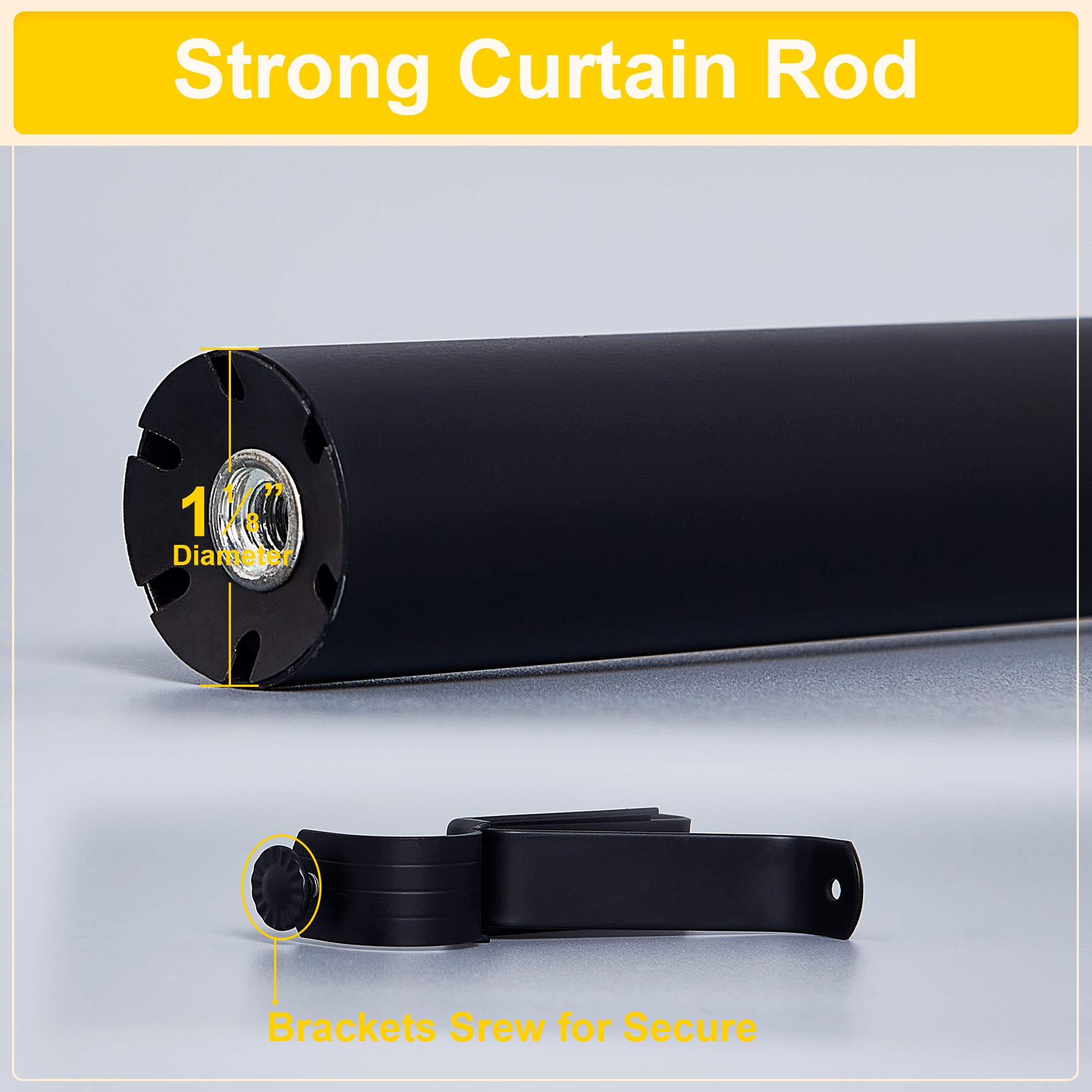 Barras de cortina negras para ventana de 48 a 86 pulgadas, diámetro de 1 1/8 pulgadas con remates de bola para tratamiento de ventanas, longitud ajustable de 48 a 86 pulgadas, negro mate 2