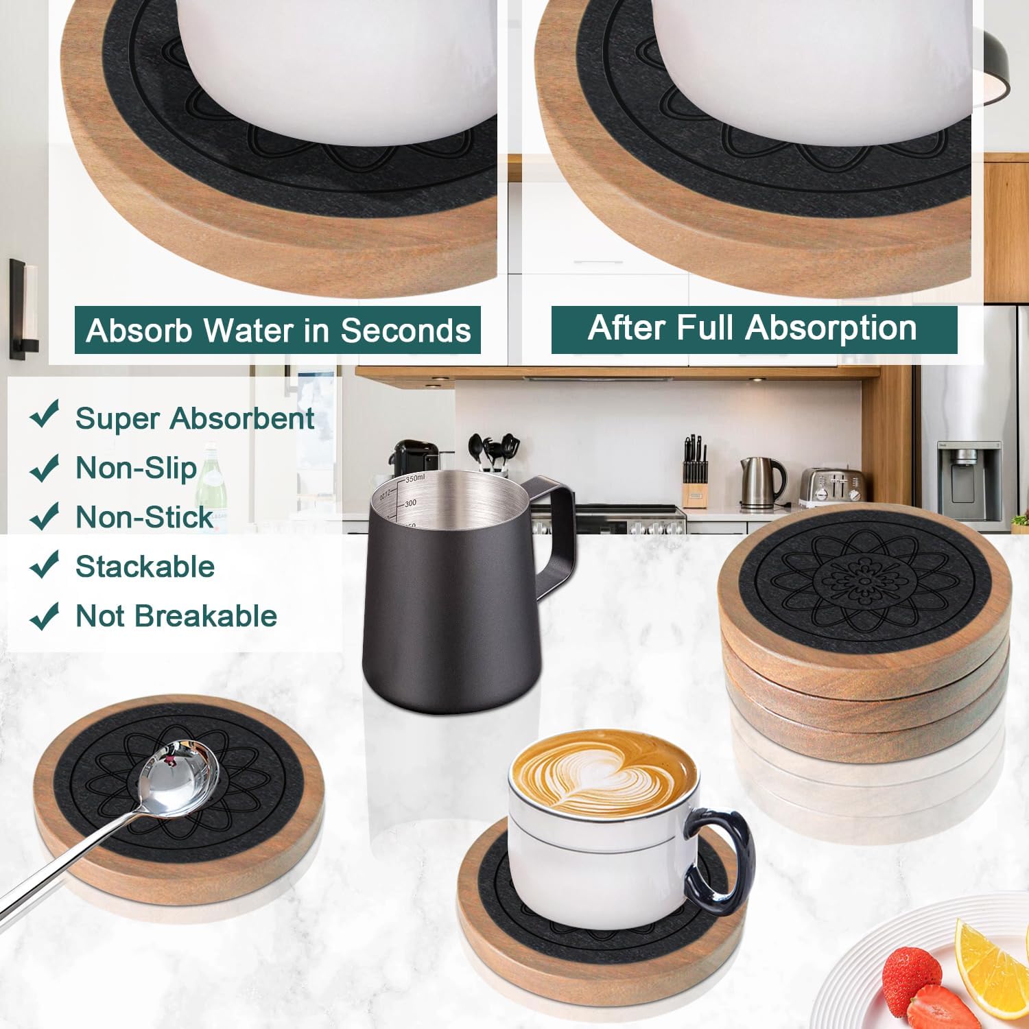 Wood Coasters for Drinks, Minacun Absorbent Coaster Sets of 5, Drinks Coasters for Coffee Tabletop Protection, Non-Slip, Non-Stick, Suitable for Kinds of Cups Wooden Table Drink, 4.3 Inches Black - Image 2