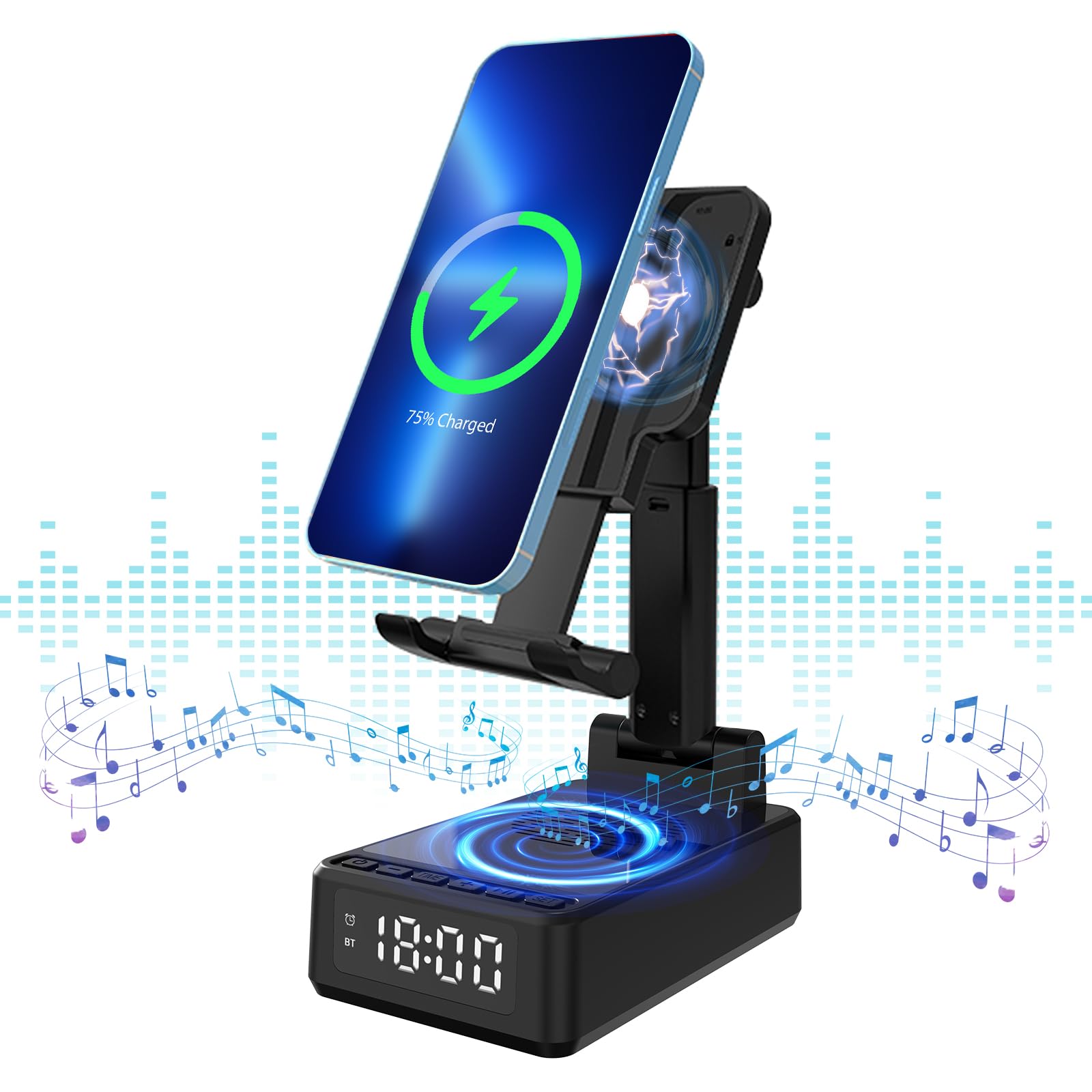 SHGUMITE Cell Phone Stand with Wireless Bluetooth Speaker 15W Wireless Charging, HD Surround Sound and Alarm Clock Bluetooth Speaker Holder for Phone, Tablet, Gifts for Men Women Dad (Black)