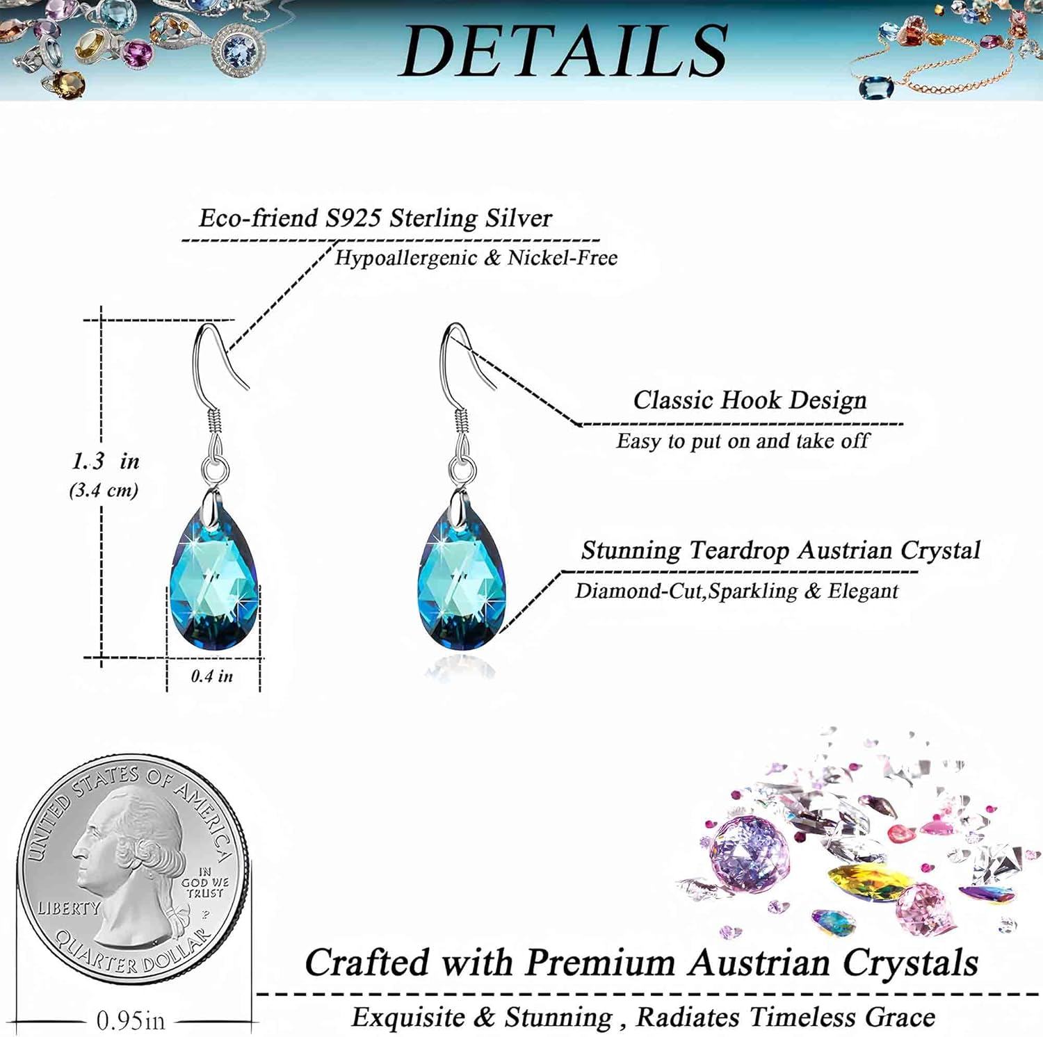 Teardrop Austrian Crystal Drop Dangle Earrings for Women 925 Sterling Silver Hook Hypoallergenic Jewelry - Image 4