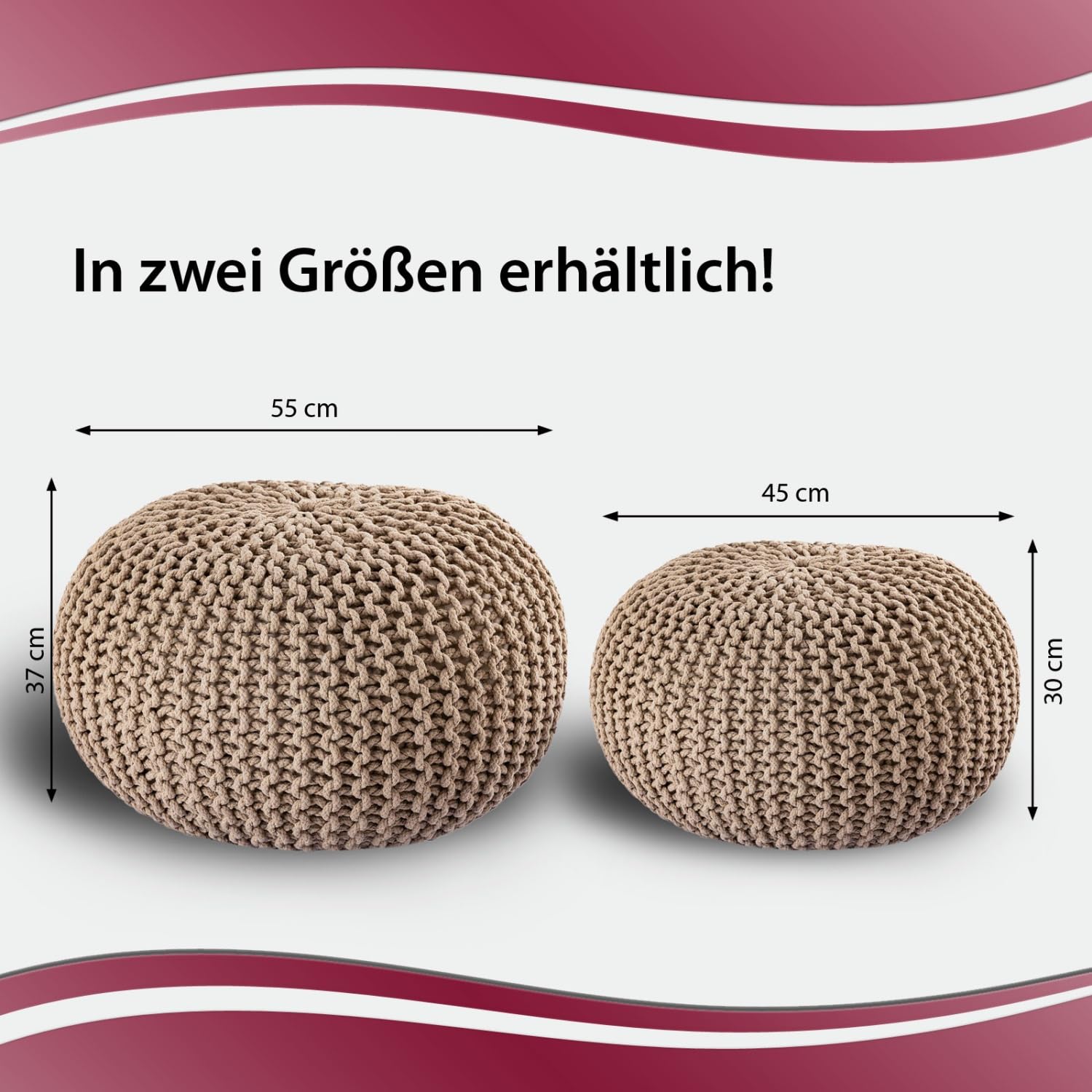 casamia Pouf 55 o. 45 cm gebreide kruk zitpoef vloerkussen voor binnen maat ø 55 cm, kleur beige