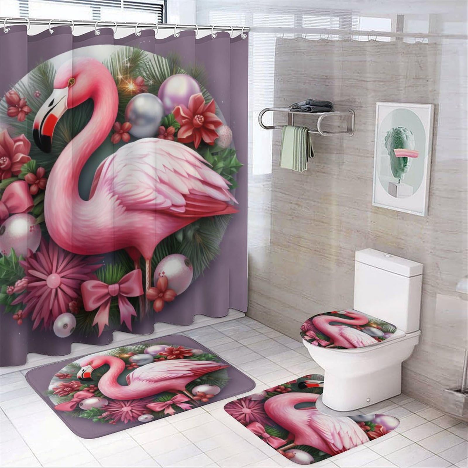 Shower Curtain 4 Piece Set Cute Christmas Flamingo Wreath Bath Mat U-Shaped Floor Mat Toilet Lid Oval Rug Animal Flamingo Spring Summer Gift Bathroom Shower Curtains Sets for Bathroom Decor Set