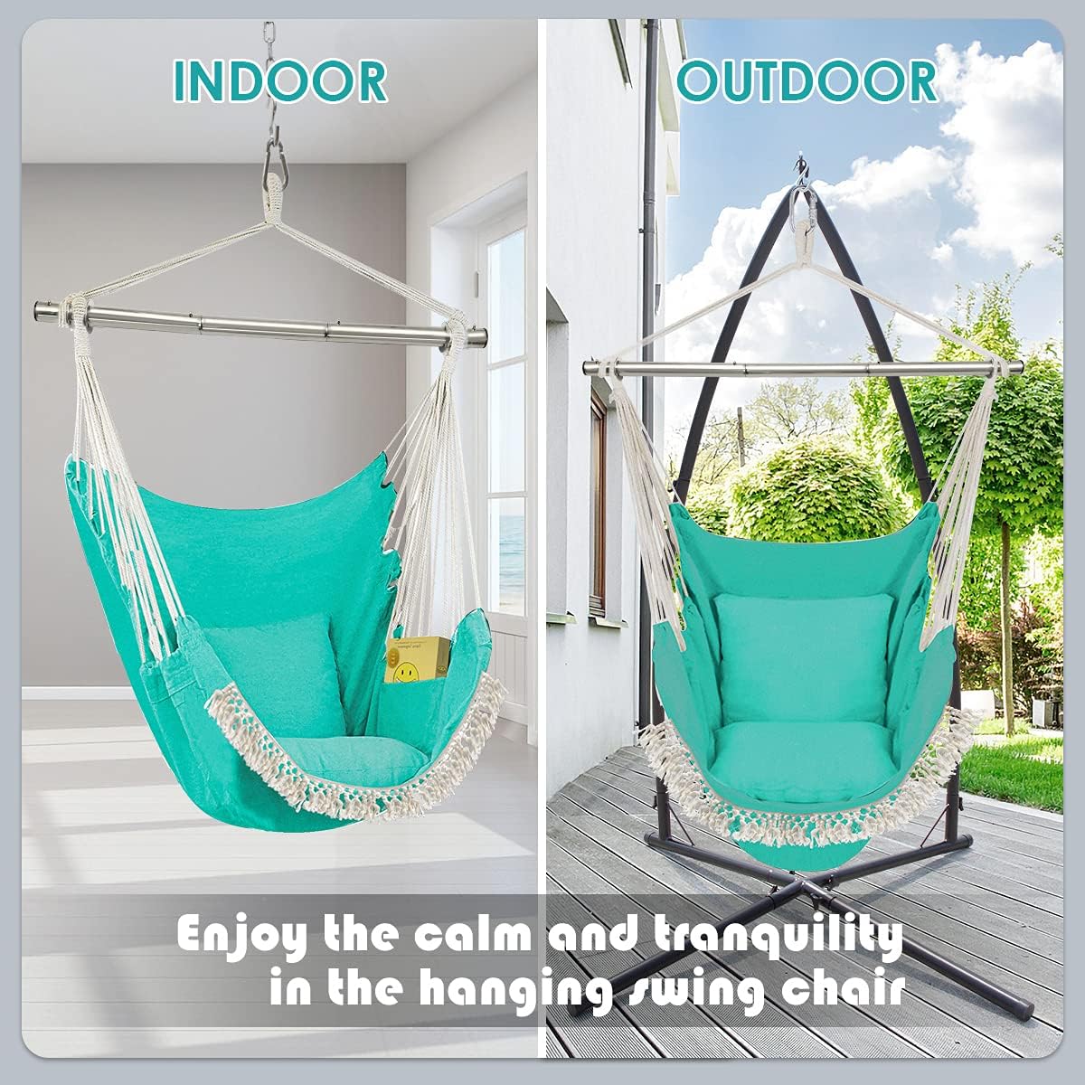 Hammock Swing Chair, Hanging Chair with Pocket, Detachable Steel Support Bar, 500lbs Capacity, Cotton Weave Hammock Chair, 2 Soft Cushions Indoor and Outdoor Green - Image 8