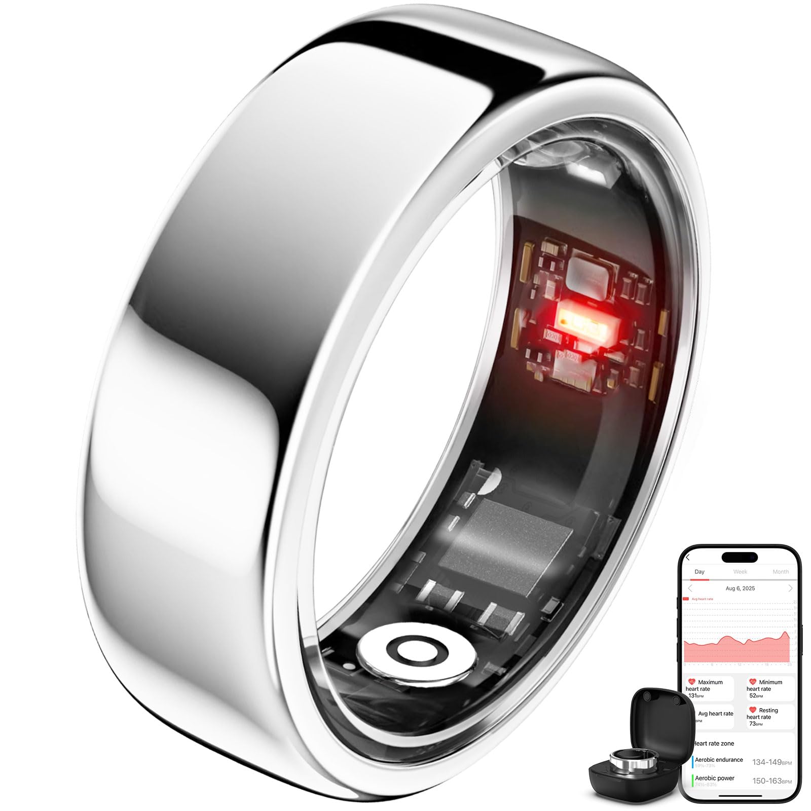 Smring Smart Ring, Fitness Tracking Ring, Heart Rate Monitor Health Tracker for Women/Men, IP68—No Subscription—Sleep Tracker for iPhone and Android, Up to 10 Days of Battery Life (Silver, #8)