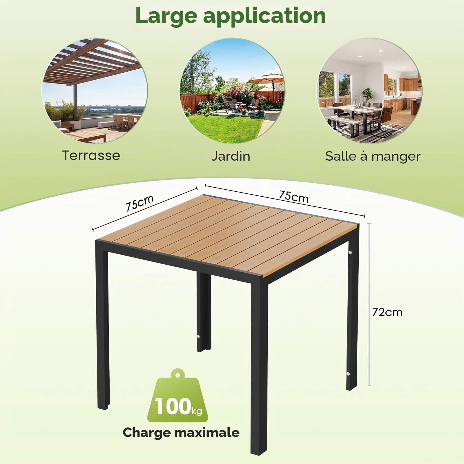 LIFERUN Table de jardin aluminium WPC 75x75 cm résistante aux intempéries Noir