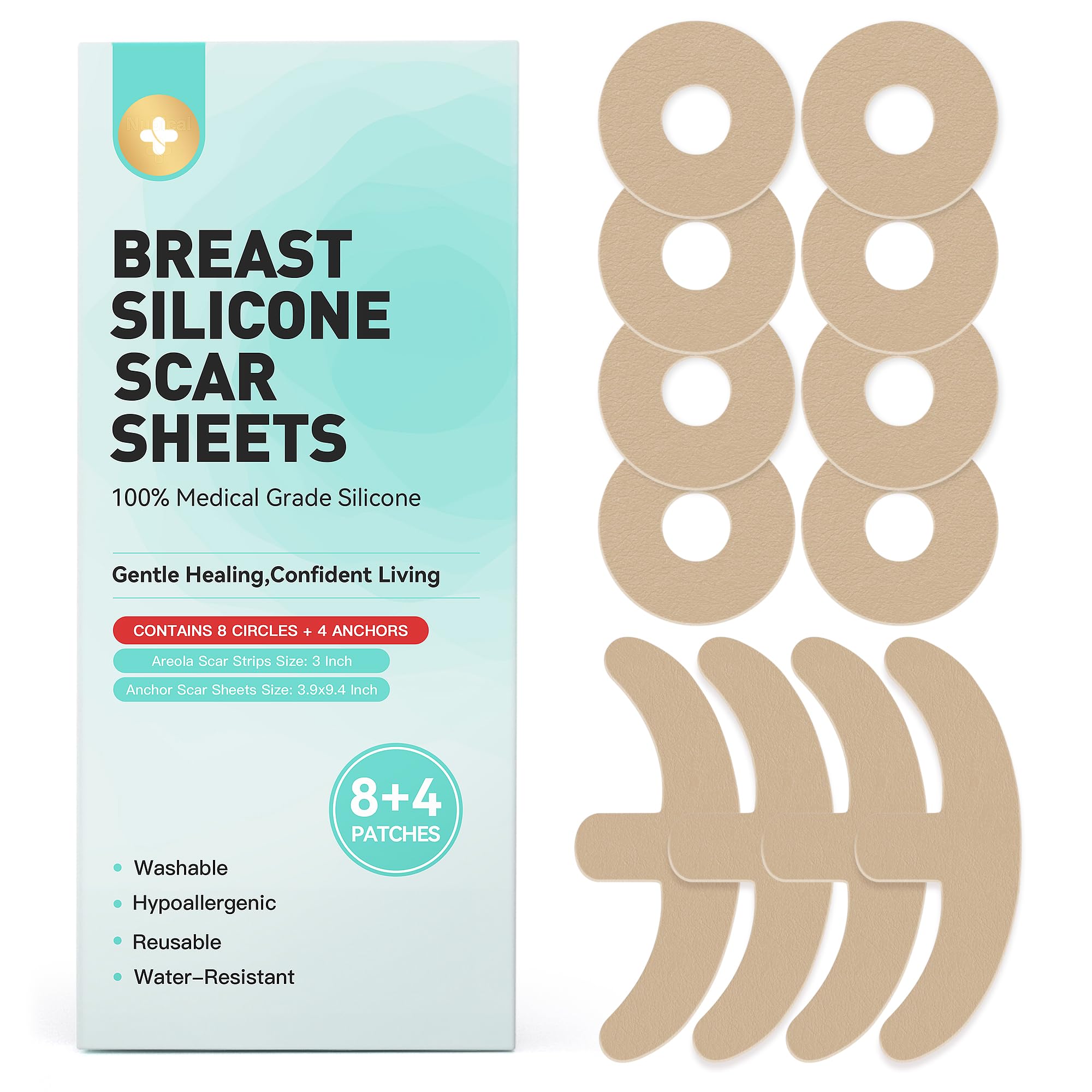Breast Silicone Scar Sheets – 8 Areola Circles + 4 Anchor Patches | Medical Grade, Reusable & Waterproof Scar Tape for Breast Surgery, Implants, Lift,
