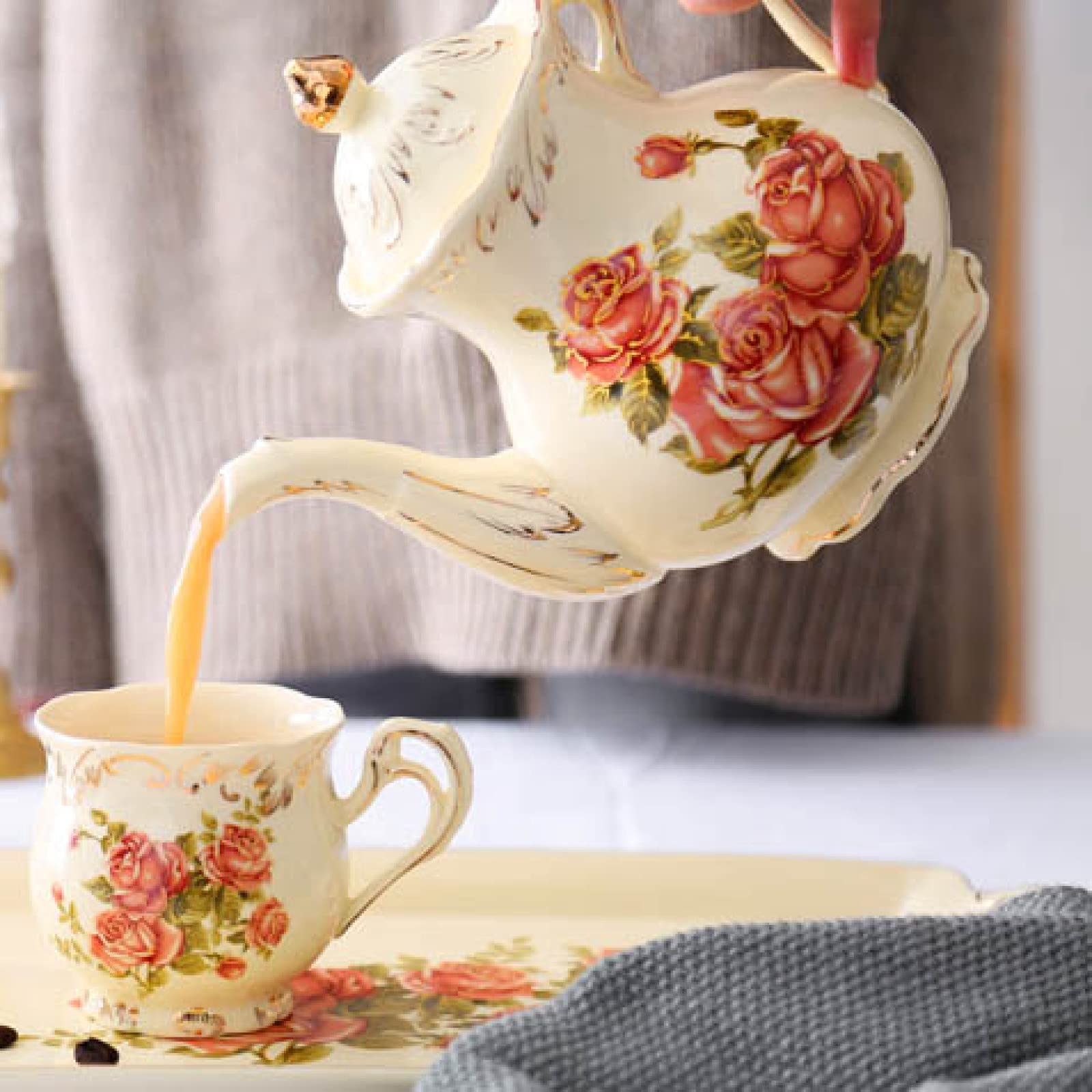 Zestawy Do Herbaty Porcelanowej Dla Dorosłych, Filiżanki Do Kawy Z Czajniczkiem, Zestaw Do Herbaty Popołudniowej Z Pasującymi Łyżeczkami, Ceramiczny Serwis Do Herbaty W K