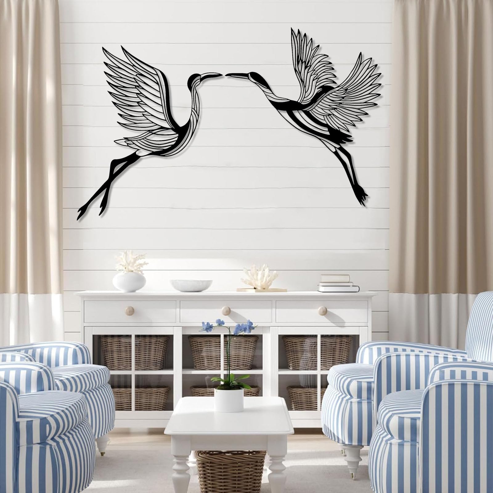 Conjunto de 2 grullas decorativas de pared de metal abstracto contemporáneo, arte, decoración artística, letrero de pájaros volando, bandada, hogar interior y exterior (76 x 122 cm, plateado)
