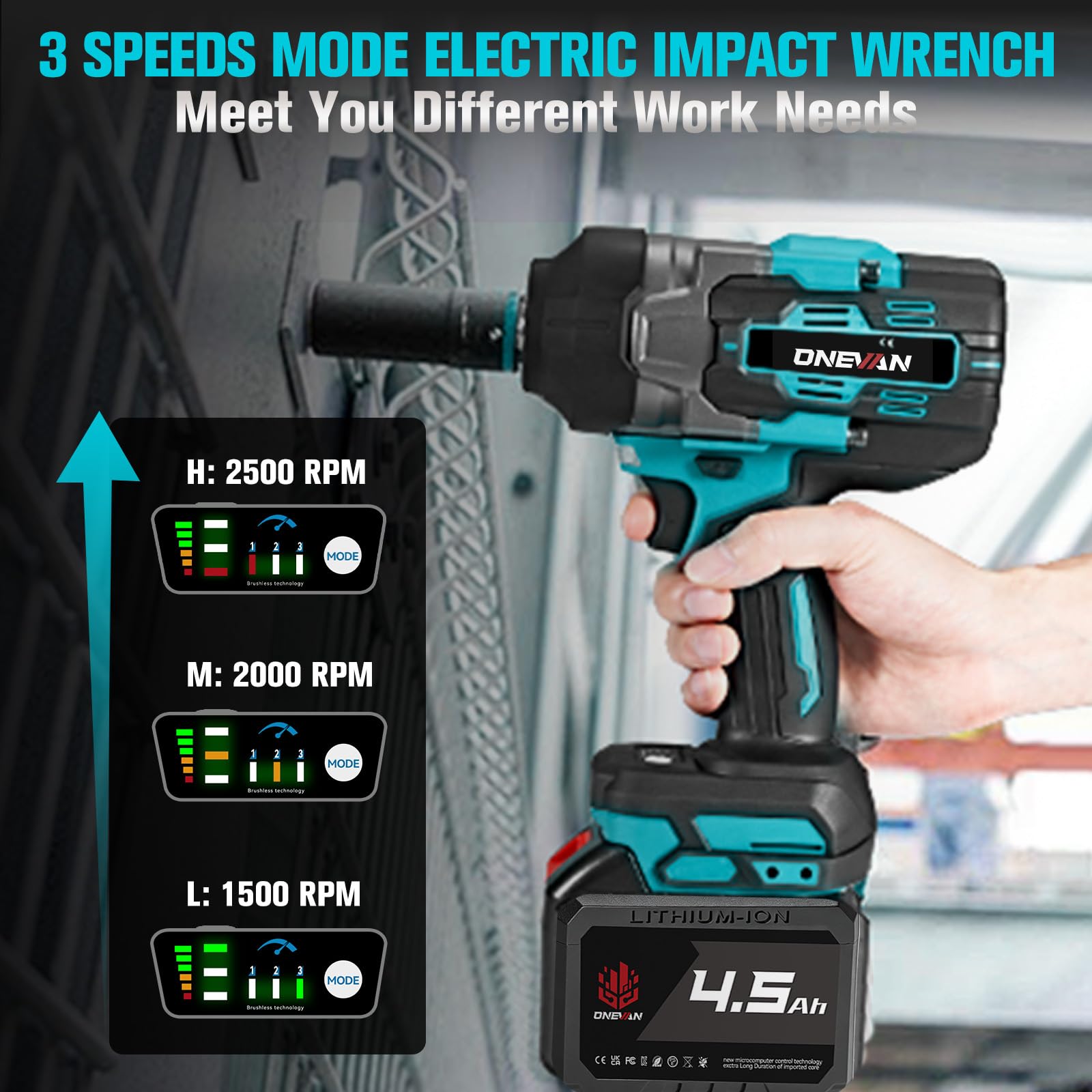 ONEVAN Akku Schlagschrauber 1700N.m, 1/2" Bürstenloser Akkuschlagschrauber Elektrisch mit 2x 4.5Ah Akkus und Schnellladegerät, Hohem Drehmoment Impact Wrench mit 6 Steckschlüssel für Schwere Projekte