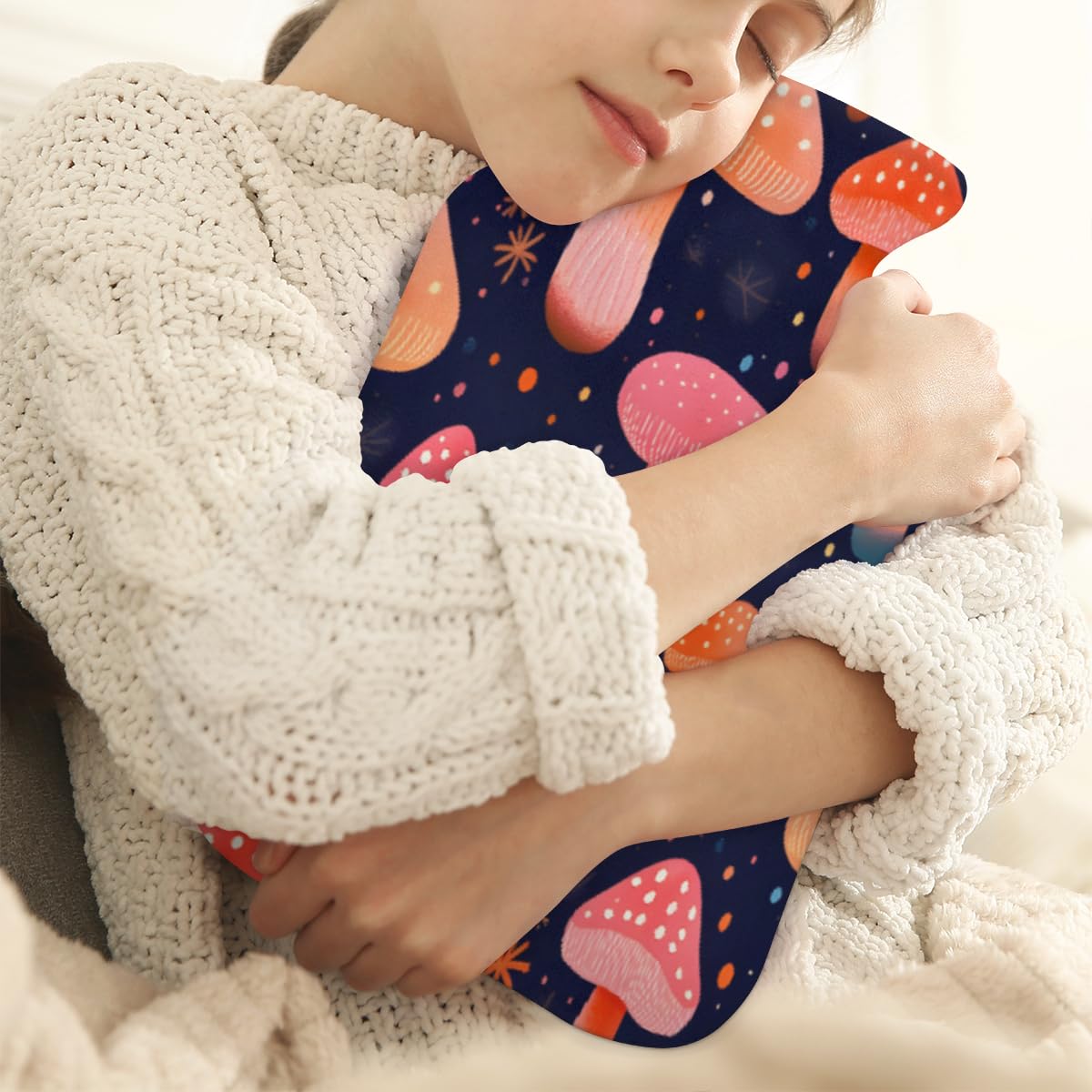 Hot Water Bottle with Soft Cover,2L Fantastic Mushrooms Hot Water Bag for Hot and Cold Compress, Hand Feet Warmer, Cartoon Mushrooms Rubber Hot or Cold Water Bottle Halloween Christmas Decorations