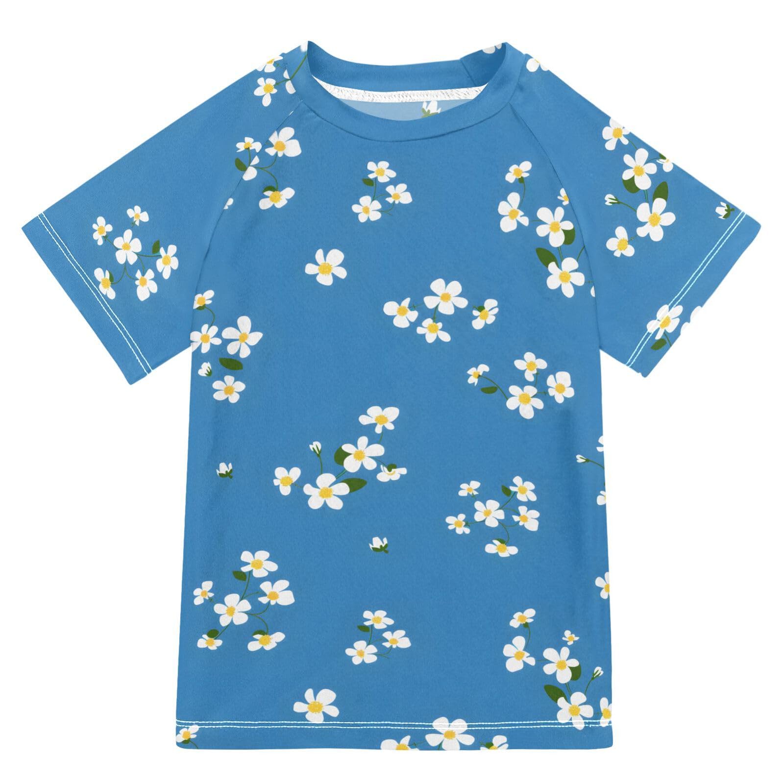 ALAZA Kids Rash Guard Boys Toddler Swim Shirts Short Sleeve Blue White Flower UPF 50+ 3T