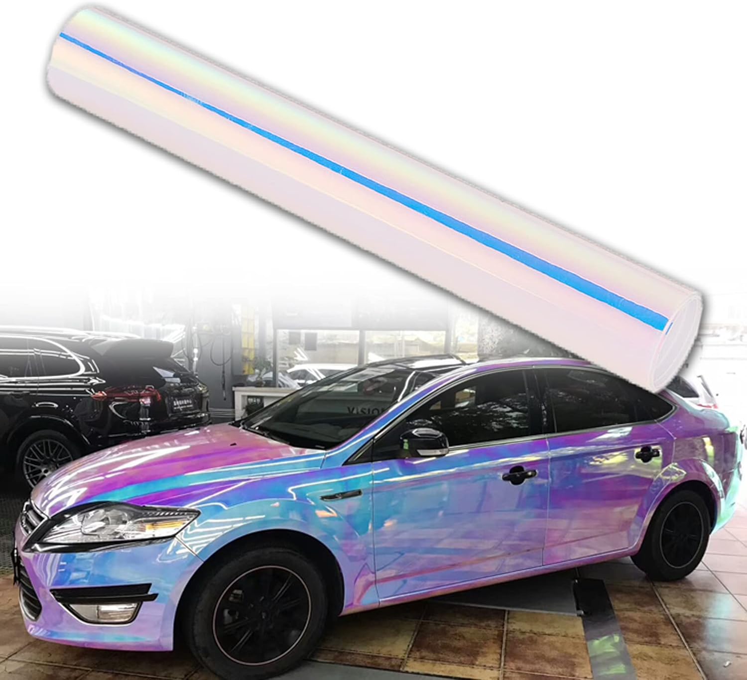 Holographic Laser White Rainbow Finished Chrome Car Vinyl Wrap Glossy Color Change Adhesive Car Vinyl Roll 53'' x 39.37''
