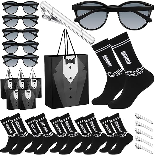 Hicarer 24 Pcs Groomsmen Gifts for Men 6 Tuxedo Gift Bag 6 Wedding Gift Sunglasses 6 Novelty Socks 6 Tie Clips for Groom Proposal Bachelor Party for Groom