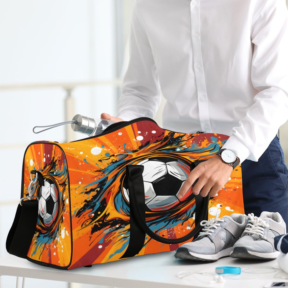 Watercolour Football Travel Duffel Bag for Women Men Large Capacity Overnight Weekender Bags for Lightweight Waterproof Sport Gym Bag for Workout Yoga Swim