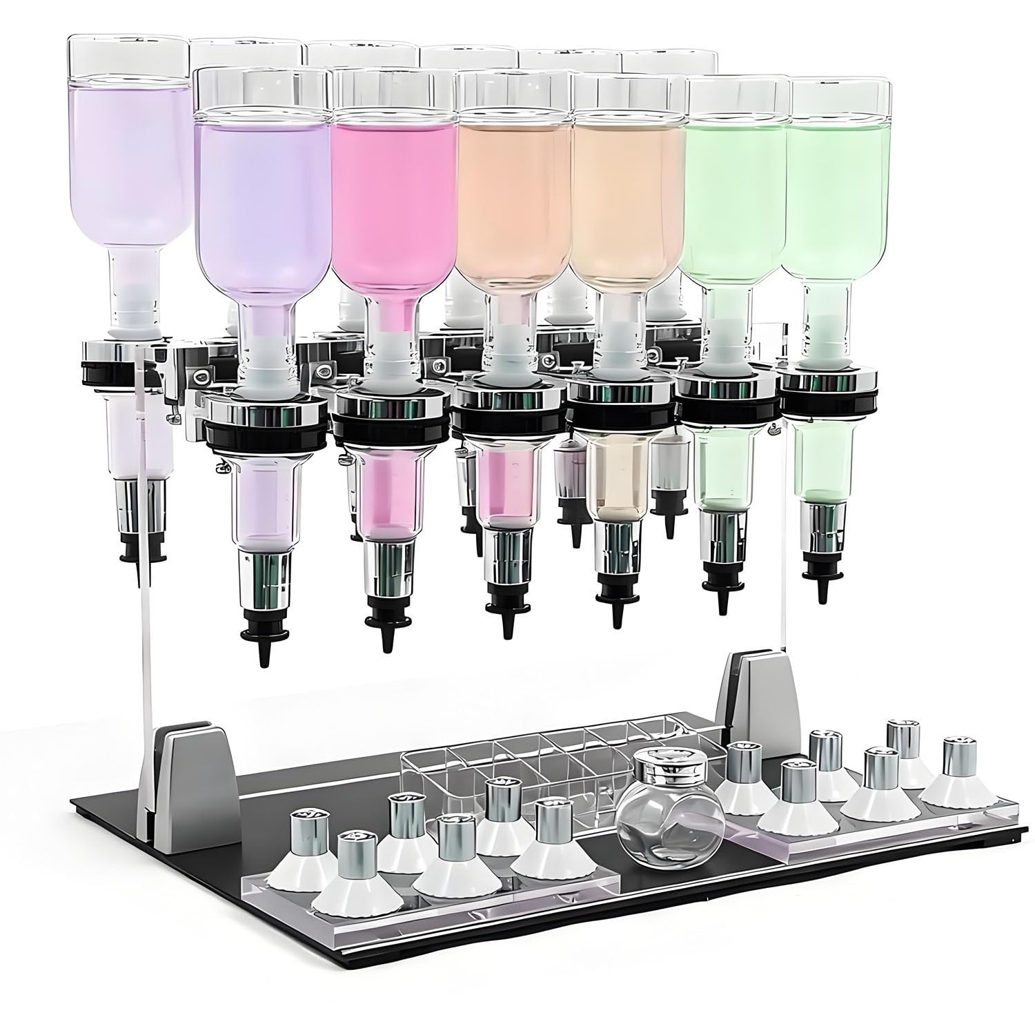 Station de pompage manuelle pour distributeur de parfum — Idéale pour magasins, laboratoires et bars — Inclut plusieurs flacons et têtes de pompe pour une utilisation aisée et un remplissage précis.