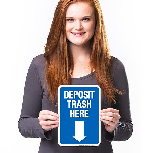 Miniatura 4 de Deposit Trash Here with Downward Arrow Sign, (SI-69956) 10x7 Inches, 4 Mil Vinyl Decal Stickers Weather Resistant, Made in USA by Sigo Signs