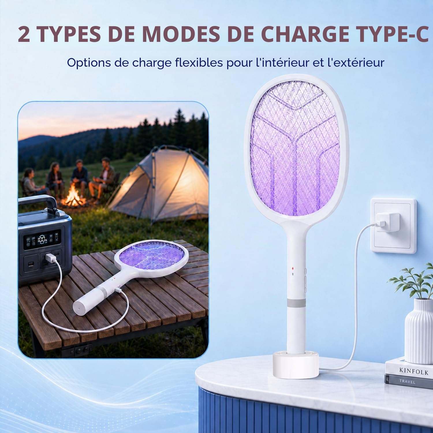 Raquette Electrique Insectes 4800V Tapette Moustique avec Piège Lumière UV Rechargeable USB 2000mAh Blanc