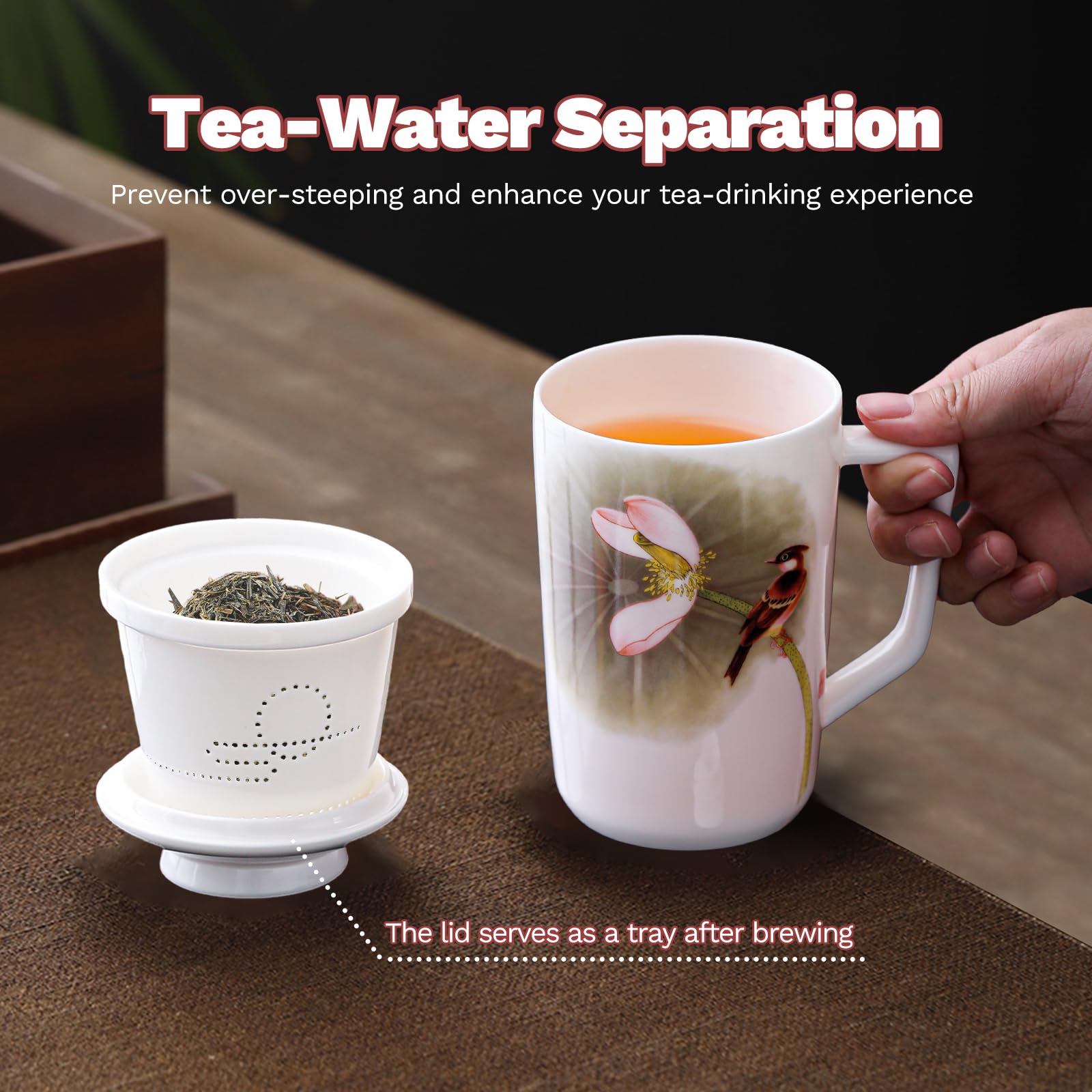 Ceramic Tea Cup with Infuser and Lid, 15.2oz Tea Mug for Loose