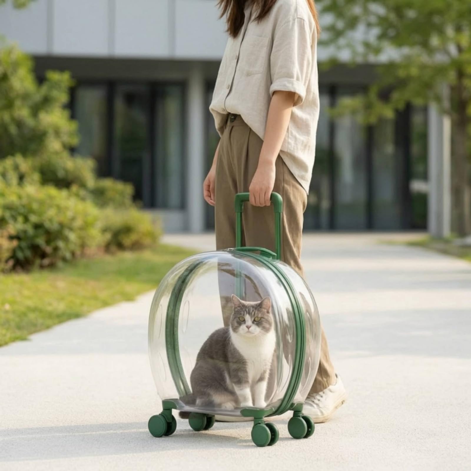 Transportín con Ruedas Rígido Transportín Ventilado para Gatos, Perros Pequeños, Viajes, Verde, Rayas