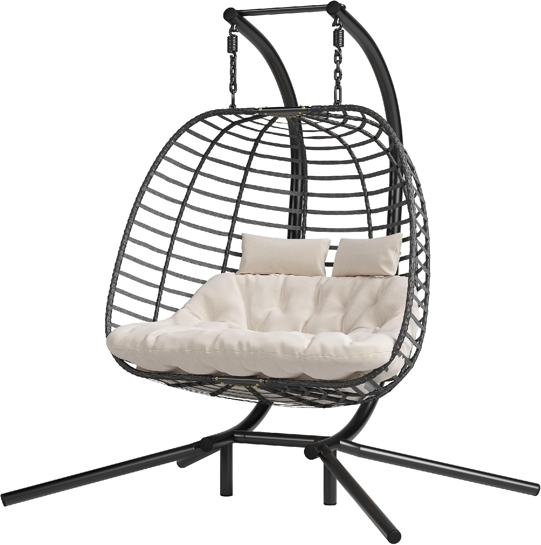 Double Hanging Egg Chair wth Stand, Patio Hammock Swing Chair with Cushion Loveseat for Bedroom, Balcony, Garden, Indoor, Outdoor, Beige