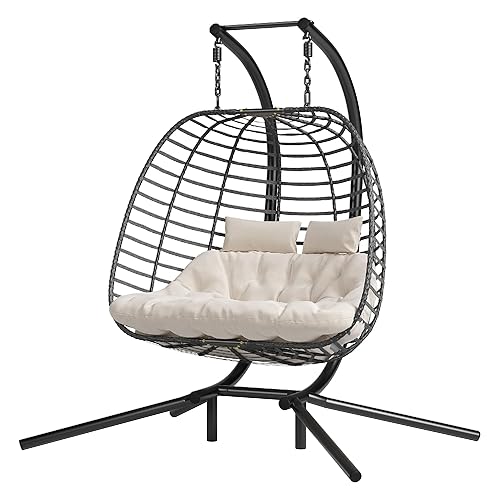 Double Hanging Egg Chair wth Stand, Patio Hammock Swing Chair with Cushion Loveseat for Bedroom, Balcony, Garden, Indoor, Outdoor, Beige - Beige - Loveseat