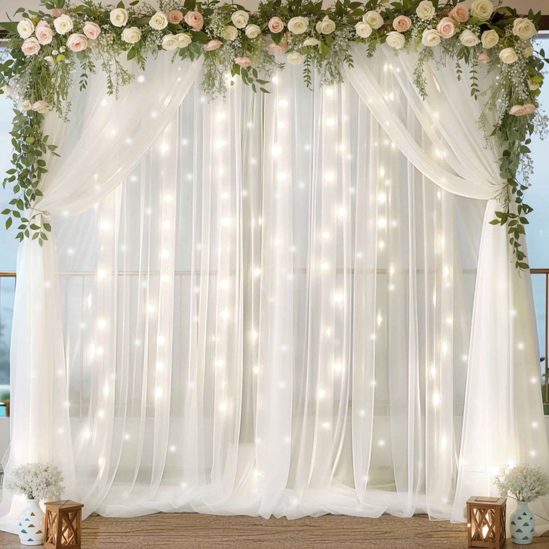 Photo 1 of 10ft x 10ft White Chiffon Backdrop Curtain with Lights String for Parties,2 Panels Sheer Tulle Curtain Wedding Backdrop with Lights for Baby Shower Birthday Party Ceremony Reception Home Decorations
