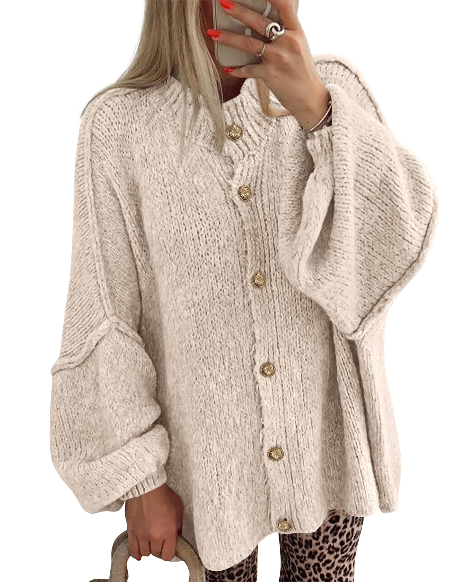 BTFBM Cardigan Sweaters for Women 2026 Fall Clothes Lantern Long Sleeve Button Open Front Chunky Knit Oversized Sweater
