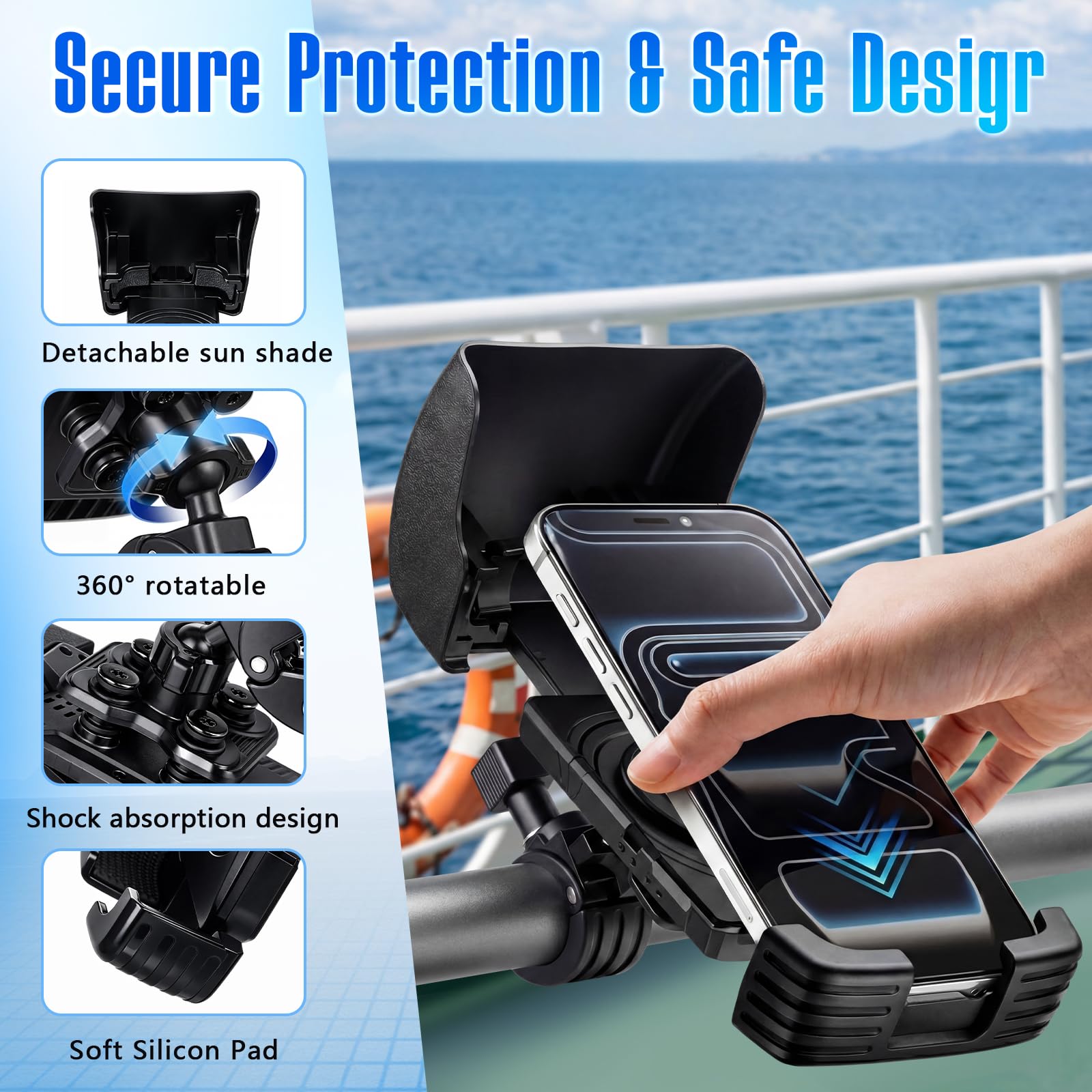Tellegloww 1 supporto per telefono da barca, supporto per telefono cellulare con parasole, nero regolabile a 360 gradi, morsetto a granchio, accessorio per smartphone, per barca, auto, ciclismo