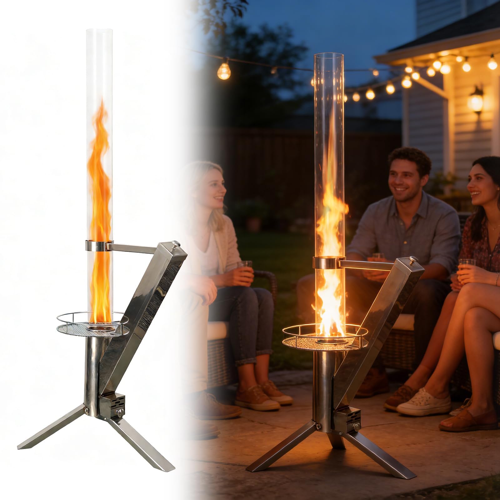 Tubo de fuego, columna de fuego de acero inoxidable y antorcha de pellets para un gran ambiente de fuego, cepillo de limpieza, incluye
