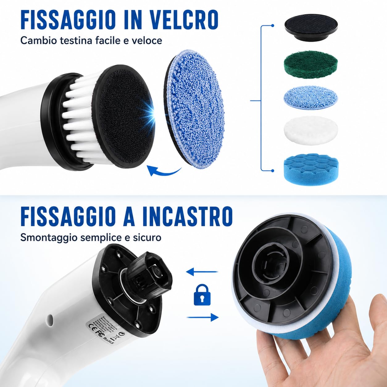 Spazzola Elettrica Rotante Senza Fili con Ricarica USB-C, 8 Testine Intercambiabili, Manico Telescopico Regolabile, Spazzola Elettrica per Bagno, Doccia, Cucina, Pavimenti e Auto