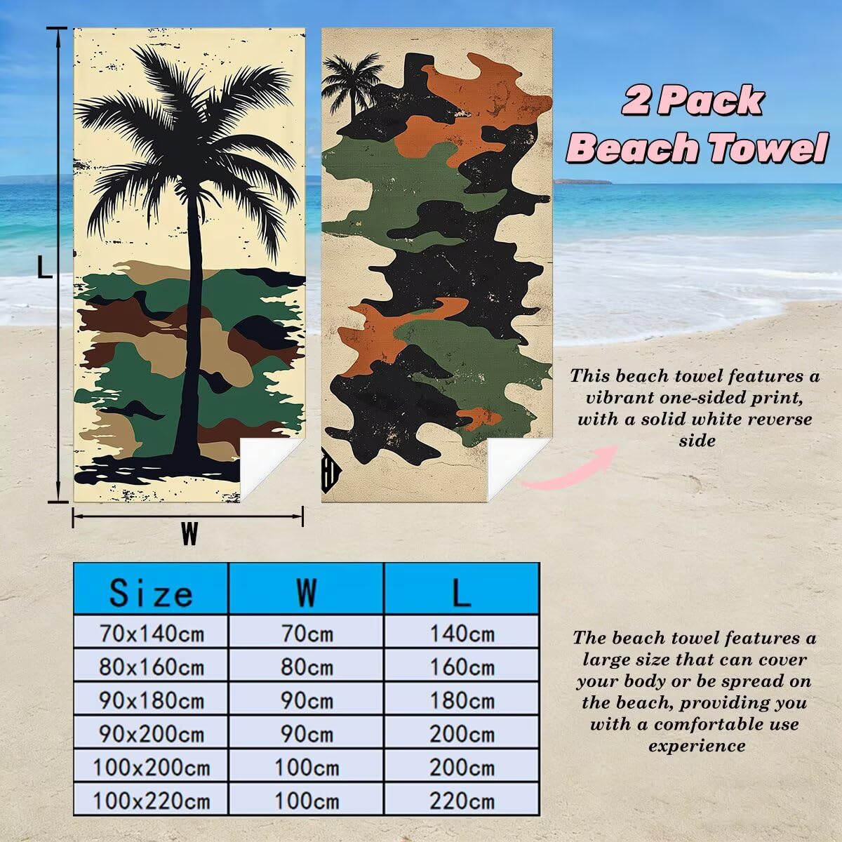 Ręcznik plażowy XXL, 90 x 200 cm, zestaw 2 sztuk, bez piasku, ręcznik plażowy, szybkoschnący, sportowy ręcznik do studia fitness, ręcznik do sauny, duży ręcznik plażowy na plażę (prosty) -4146