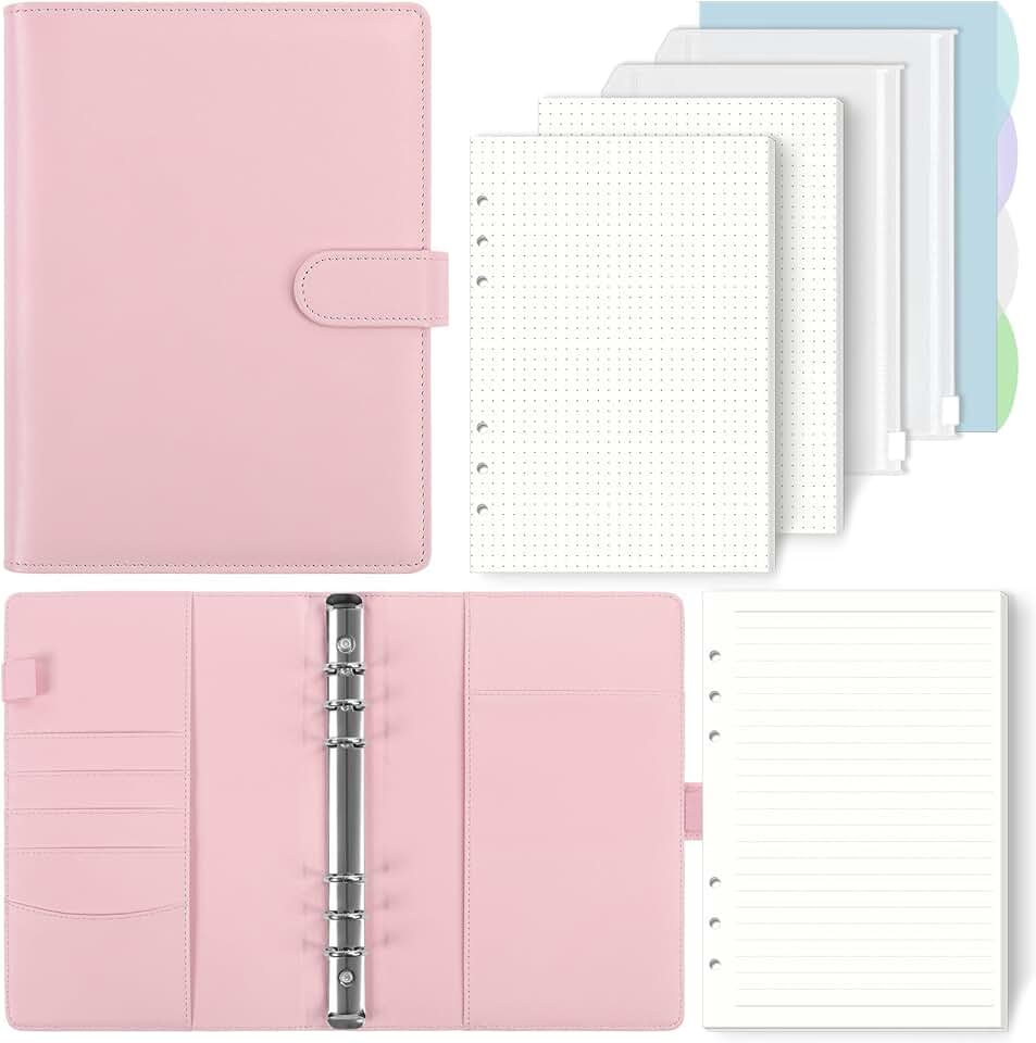 SKYDUE A5 Ringbuch, Ringbuch A5 Nachfüllbar,135 Blätter Nachfüllpapier, Notizbuch Mit Bindertaschen,