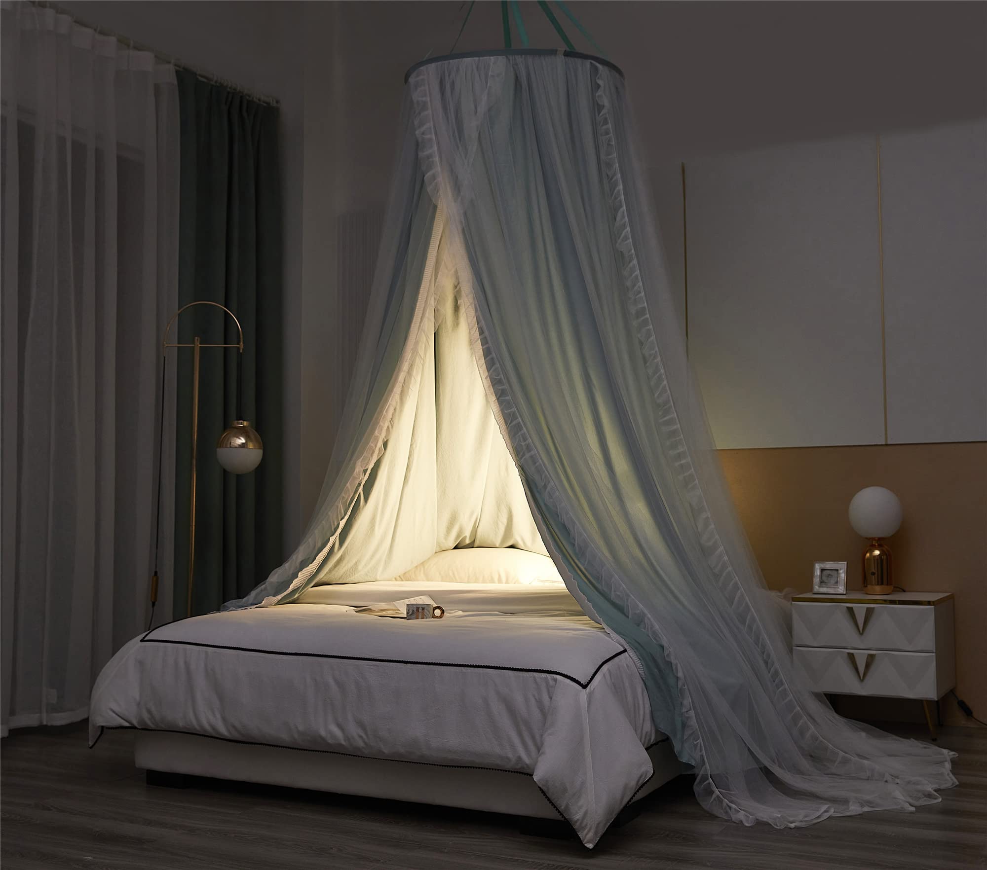 Baldacchino a Cupola Tonda a Doppio Strato per Principessa Tenda da Letto per Ragazze e Zanzariera da Sogno Decorazione Carina per Camera da Letto Castello da Gioco Angolo Lettura(Verde/Bianco)