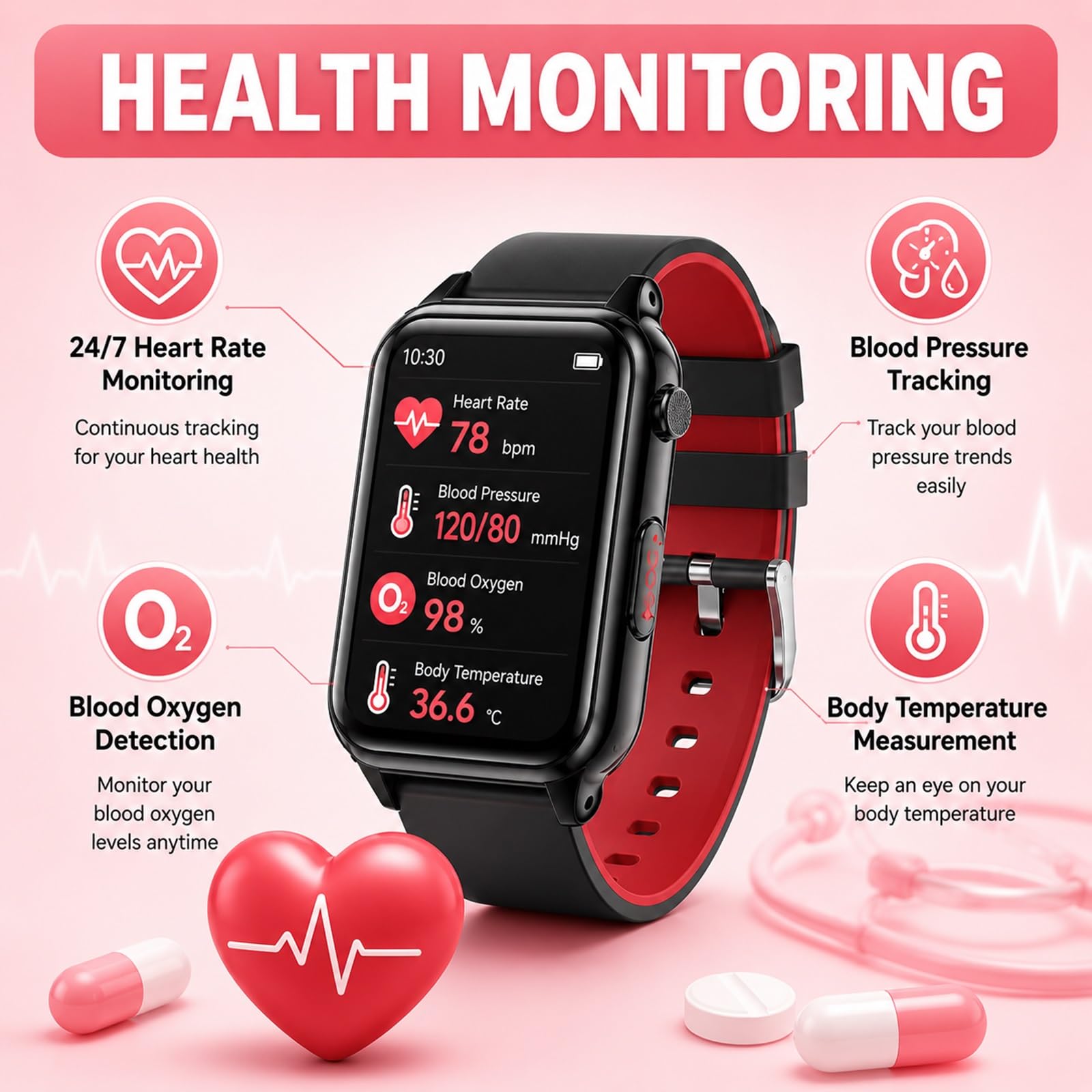 Reloj de Alerta Médica para Padres Mayores Rastreador GPS y Alarma SOS | Botón de Emergencia SOS, Chat de Voz, Monitor de Presión Arterial, Geocerca de Seguridad, Rastreador Salud(Negro)