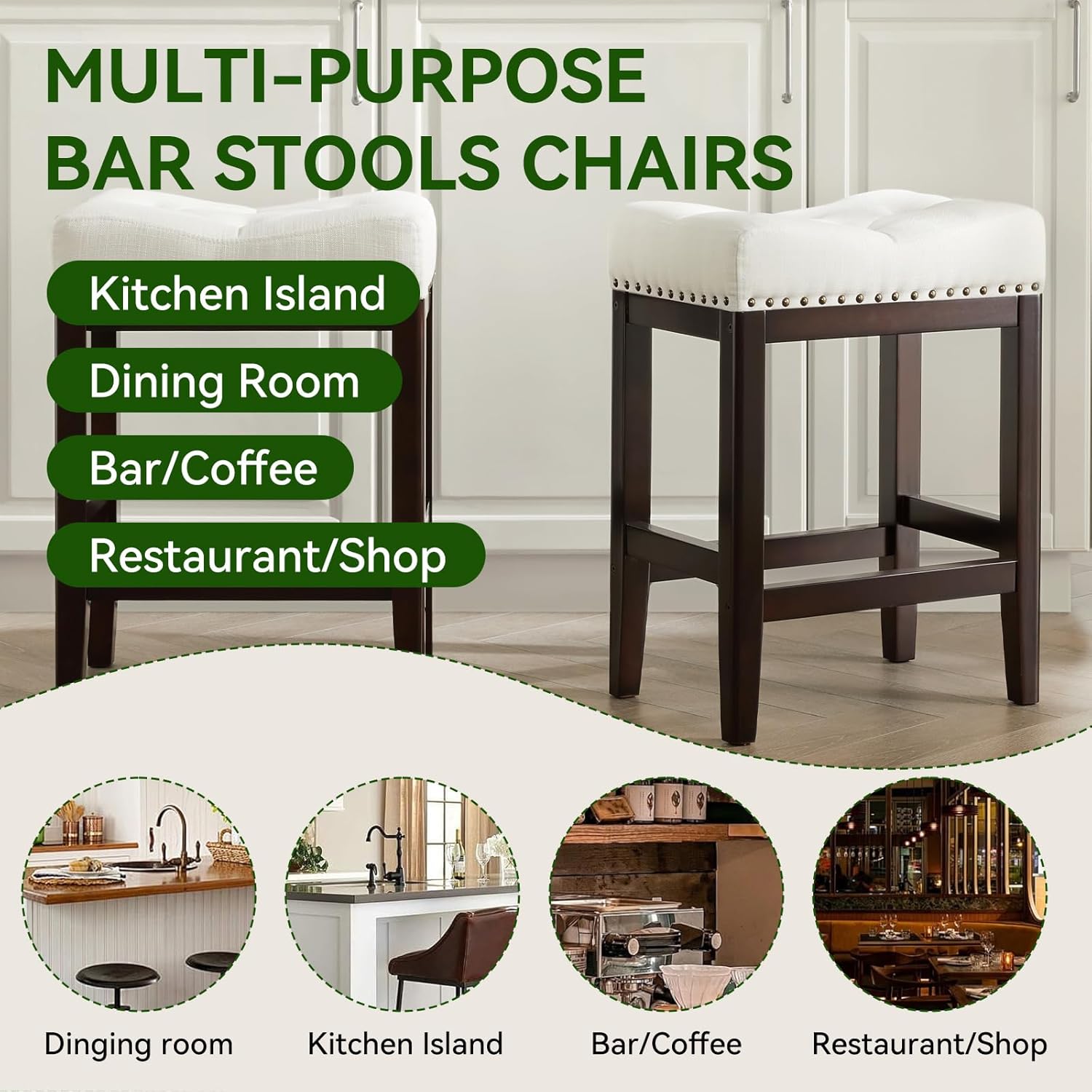 24" Counter-Height Backless Bar Stool – Upholstered Cushion, Kitchen-Island Ready, Quick Assembly, Small-Space Friendly (Cream White Fabric+Coffee Wood, 4pcs-24in-bar stools)