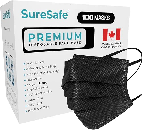SURESAFE Premium Black Mask - Disposable Face Mask Pack of 100, 3 Ply face mask with Ear Loop, Women and Men Face Mask, High Filtration