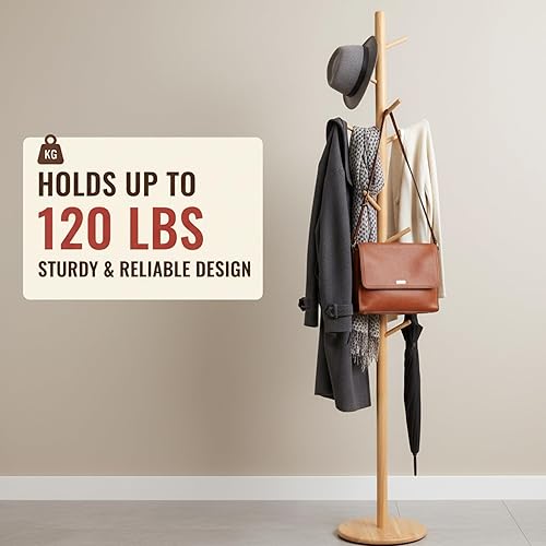 Miniatura 3 de Perchero y soporte de madera maciza, colgador de ropa independiente con 8 ganchos y 3 alturas ajustables, perchero, soporte para sombreros,