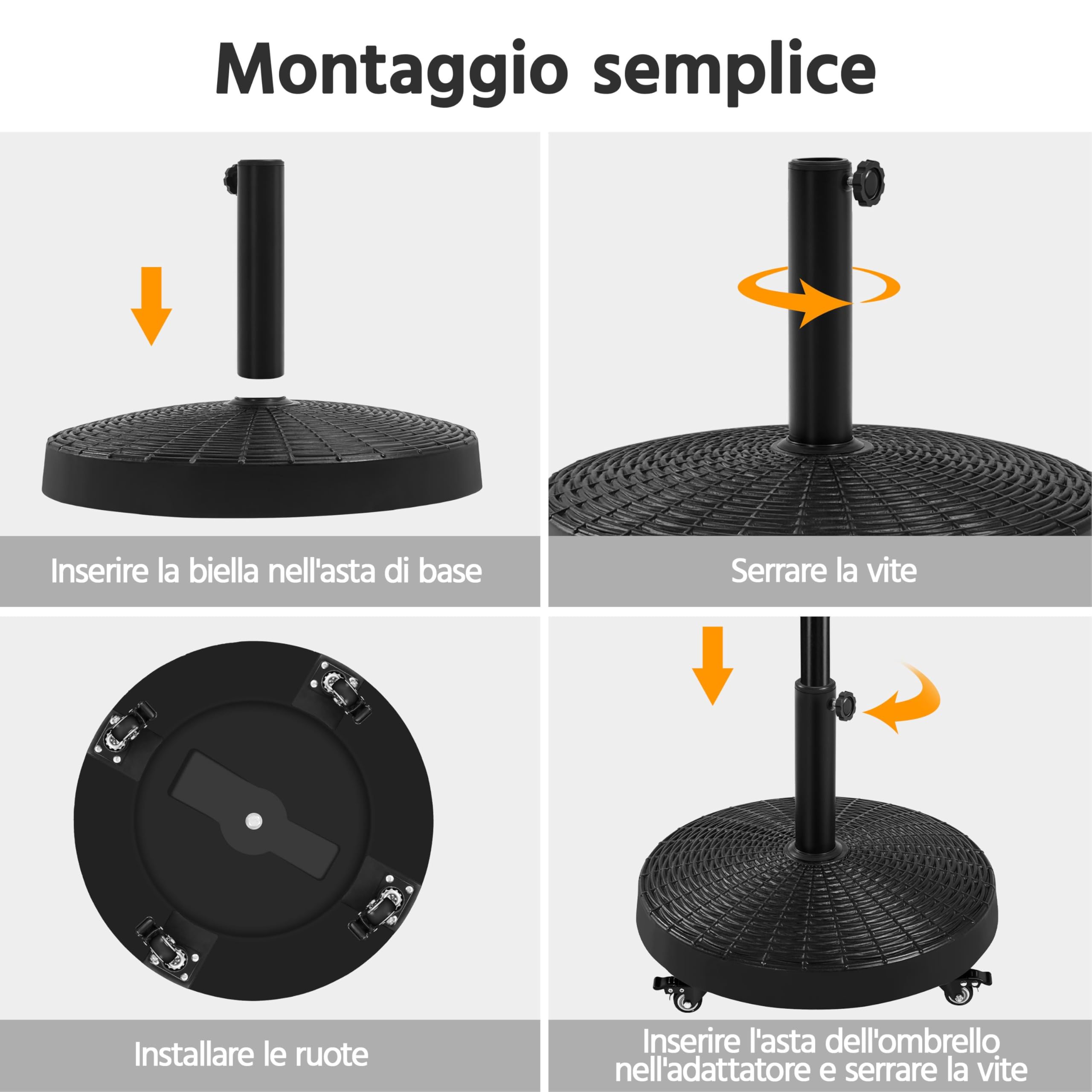 Yaheetech Base per Ombrellone da Giardino in Resina con Ruote da 25,3 kg Supporto per Pali da Ø38 mm e Ø48 mm Simile Rattan Esterno Veranda Terrazza Piscina Spiaggia Patio Nero