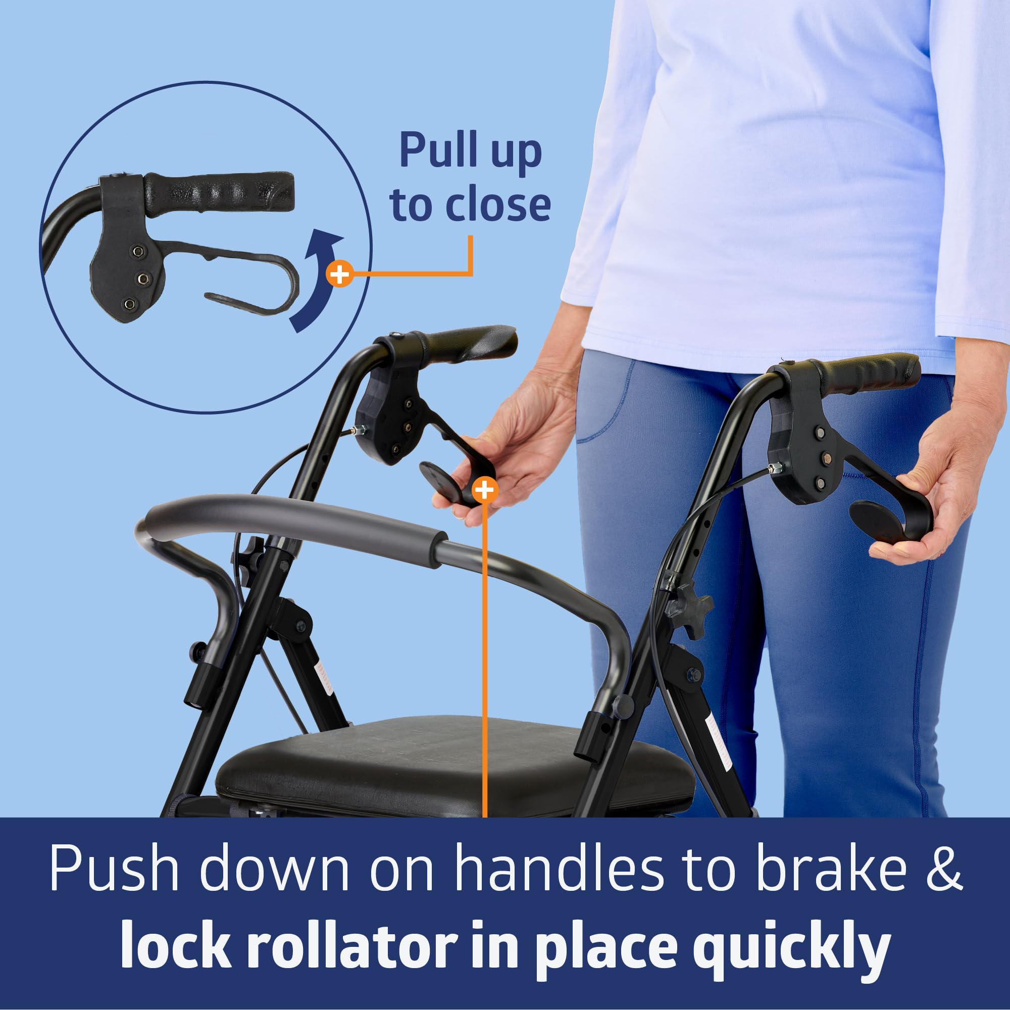 Medline - Andador de aluminio con asiento, plegable para movilidad con ruedas de 8 pulgadas, color negro