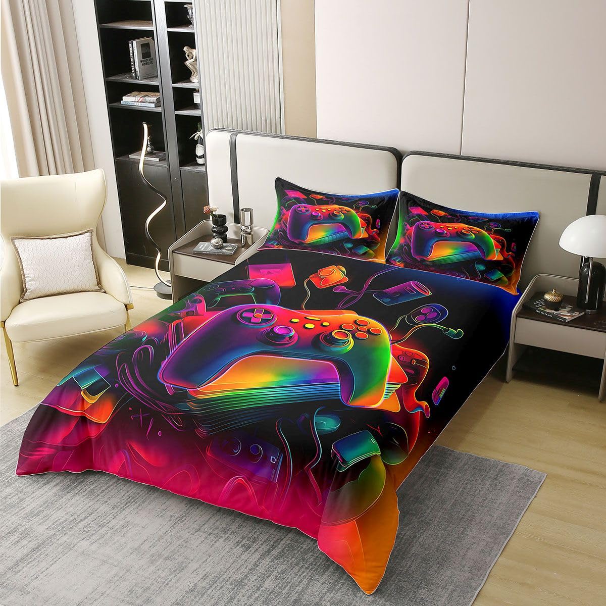 Homewish Set di biancheria da letto matrimoniale con copripiumino in cotone con console di gioco, moderno, stile astratto, vintage