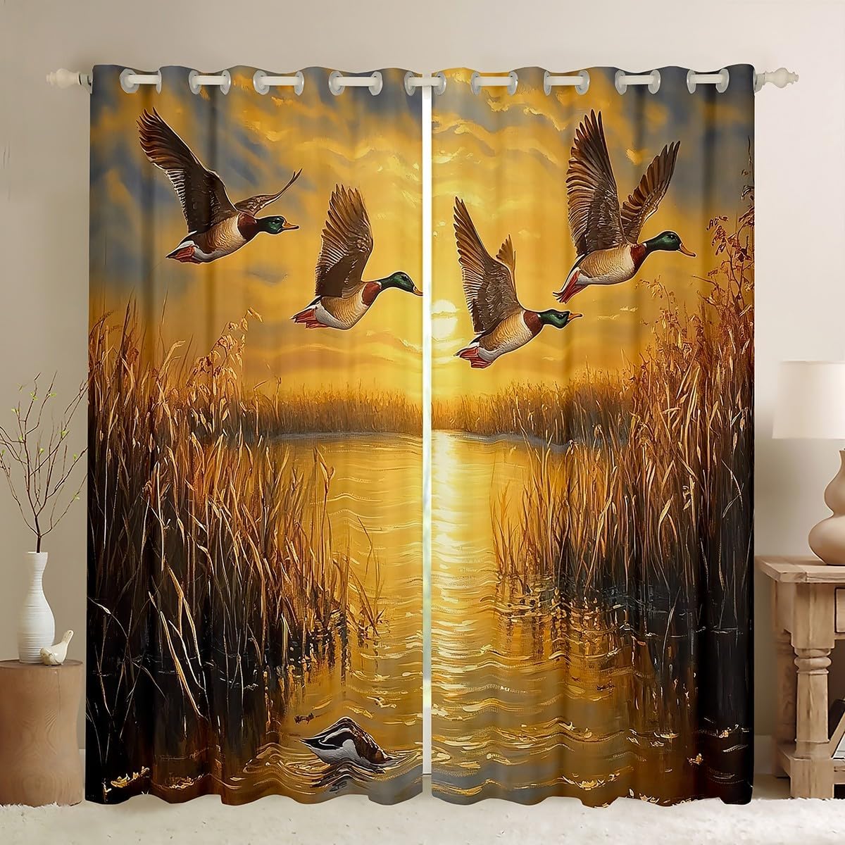 Erosebridal Mallard Duck 38" Wx45 L Window Curtains 2 Panel Sets Hunting Theme Rustic Animal Blackout Curtains Retro Farmhouse Wild Duck Wildlife Window Treatments Drapes for Kids Teen Adults