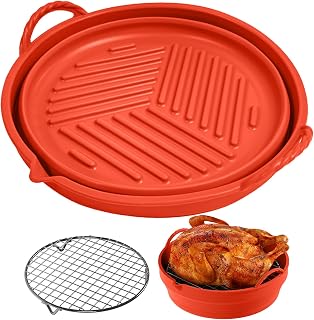 Reusable Silicone Liners with Rack, Foldable Round Basket Liners, 8.5 Inch Inserts for 5-7 QT Air Fryer, Red