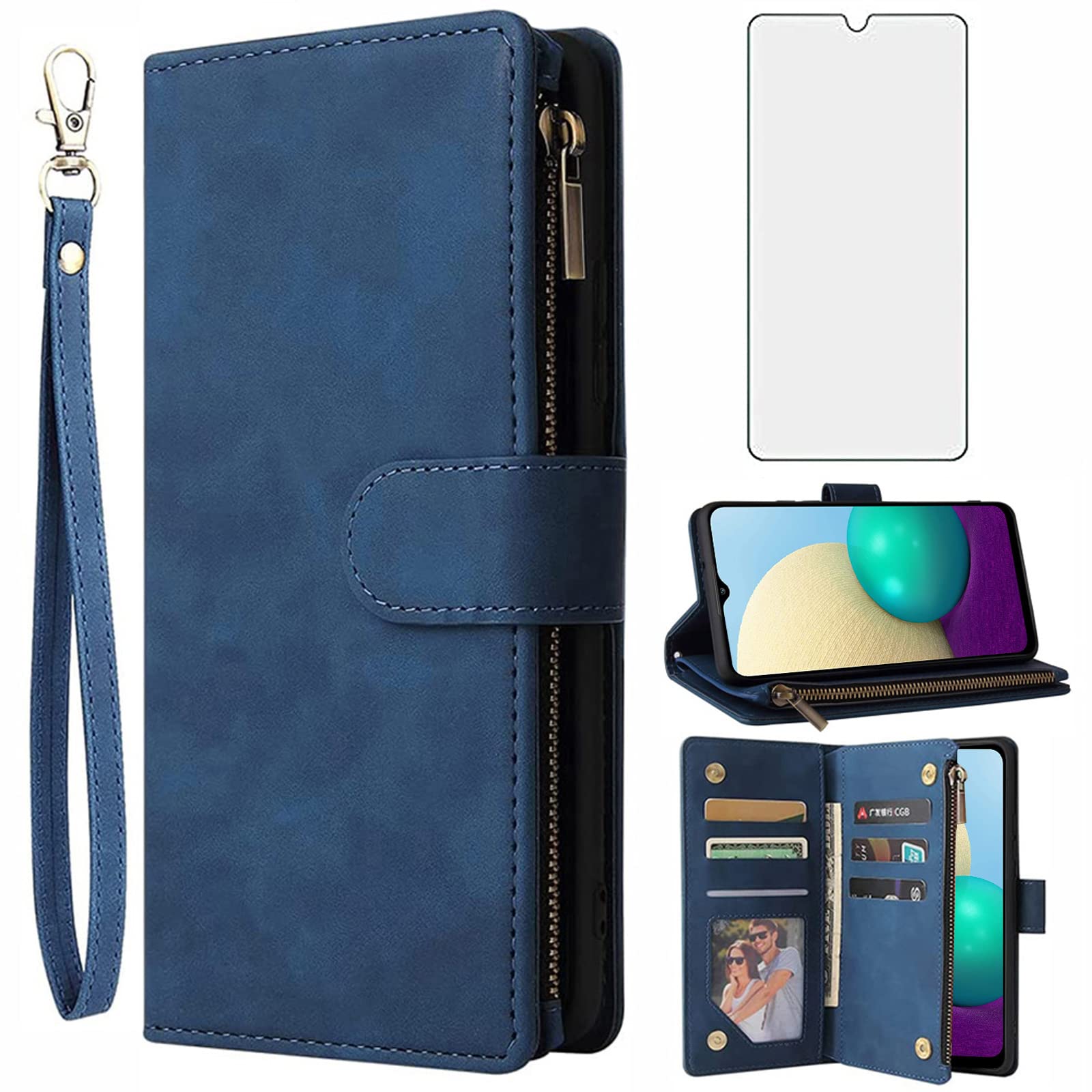 Asuwish Compatible with Samsung Galaxy A01 Wallet Case and Tempered Glass Screen Protector Leather Flip Cover Card Holder Stand Cell Accessories Phone Cases for Glaxay A 01 Gaxaly 01A S01 Women Blue
