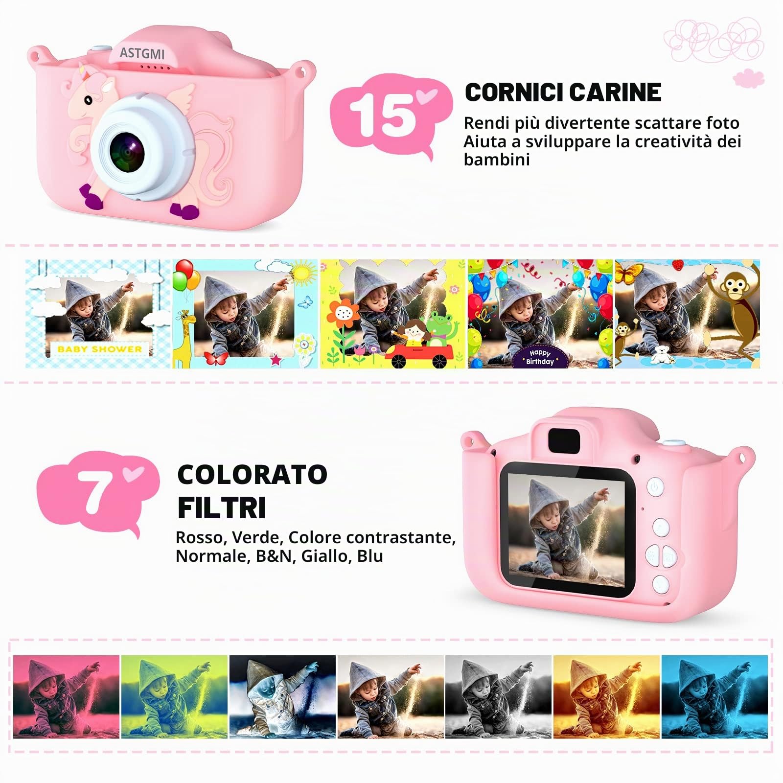 ASTGMI Macchina Fotografica Bambini, 12MP Mini Ricaricabile Fotocamera Digitale Bambina Videocamera Regalo per Ragazze Ragazzi 3-10 Anni, con Scheda 32 GB, Regali Giocattolo di Natale & Compleanno
