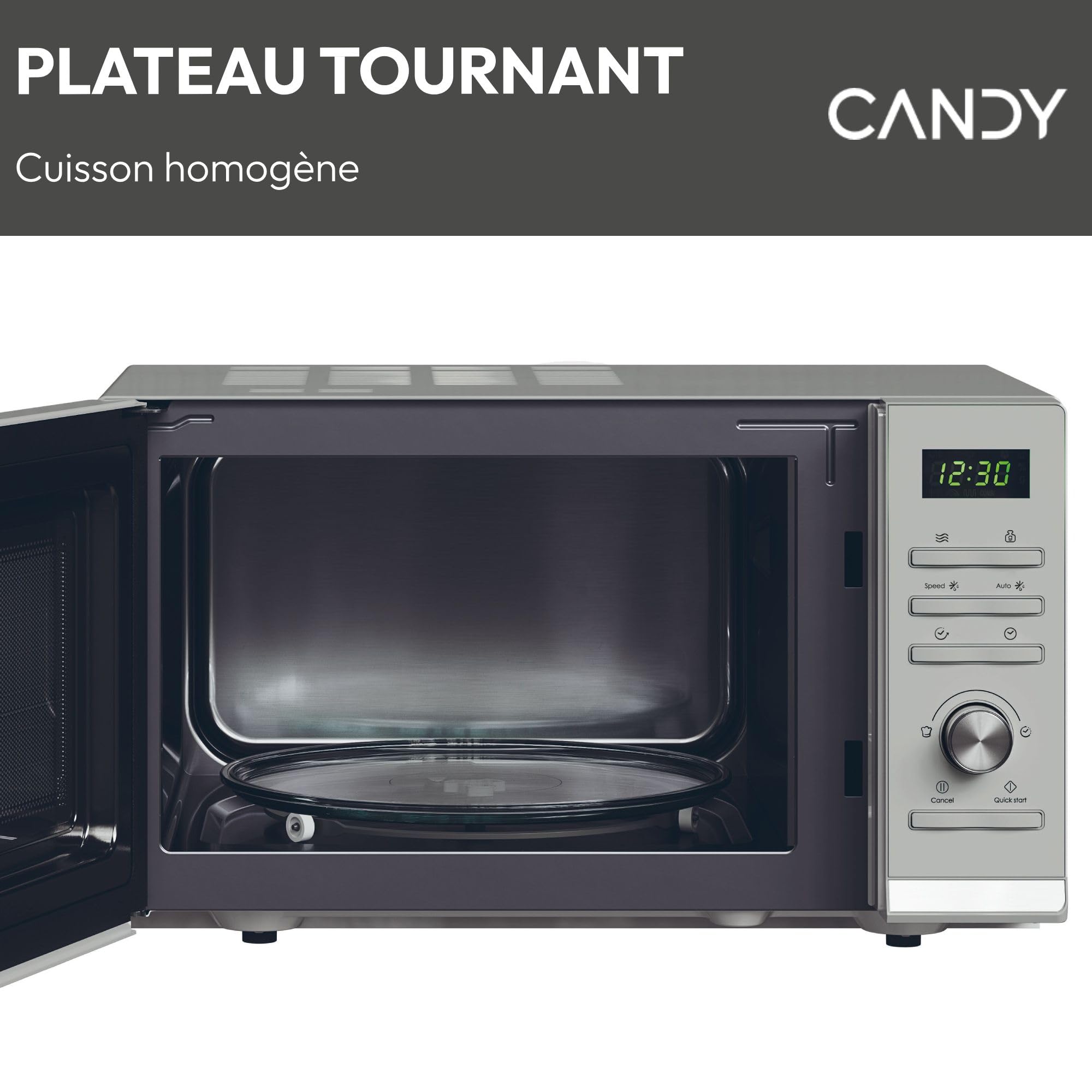 Candy Moderna CMWA23TNDS Four Micro-ondes 900W 23L Digital, Fonction Décongélation, 14 Menus Automatiques, Plateau Tournant en Verre, 11 Niveaux de Puissance, Cuisson Express, Sécurité Enfant, Argent